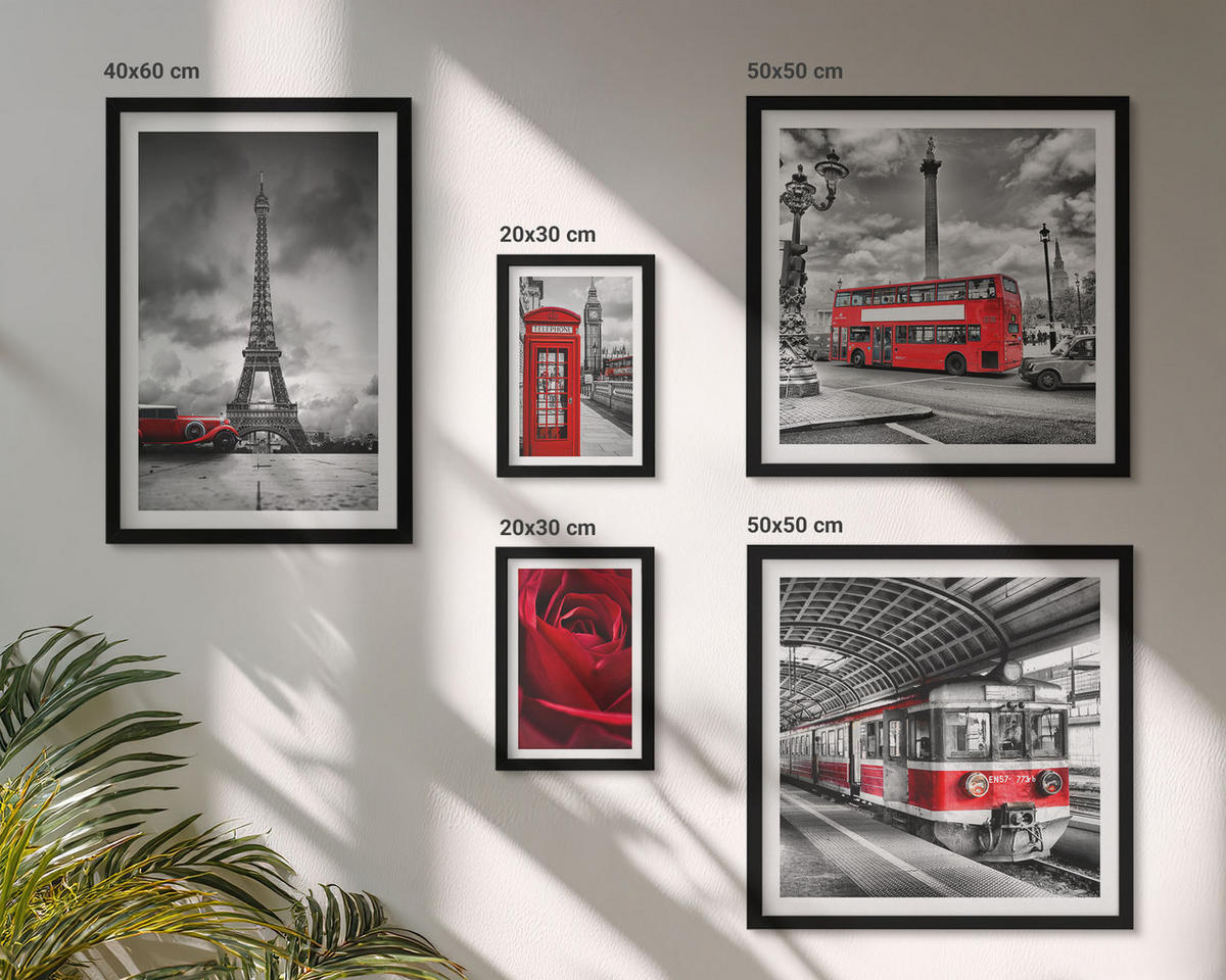 BILDER SET 5er Set - 50x50 cm & 20x30 cm & 40x60 cm Schwarzer Rahmen - Ikonische Städte London Paris Eisenbahn - Schwarz, Kunststoff (40/60cm) - TULUP