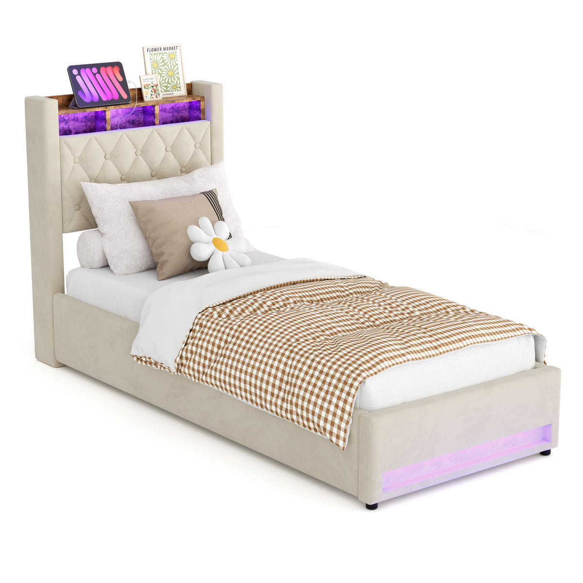 POLSTERBETT 90/190 cm Beige mit LED-Lichtleiste und USB-Anschlüssen - Beige, Holzwerkstoff (90/190cm) - OKWISH
