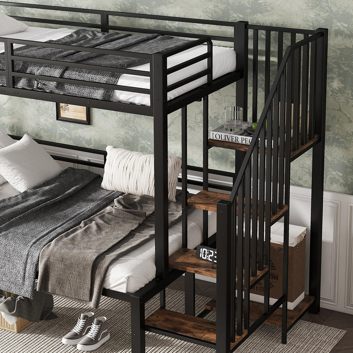 ETAGENBETT aus Metall und MDF 90/120x200 cm Schwarz/Vintage-Holzfarbe mit Eckleiter, Stauraum und Sicherheitsgittern - Schwarz, Holzwerkstoff (90/200cm) - Modfu