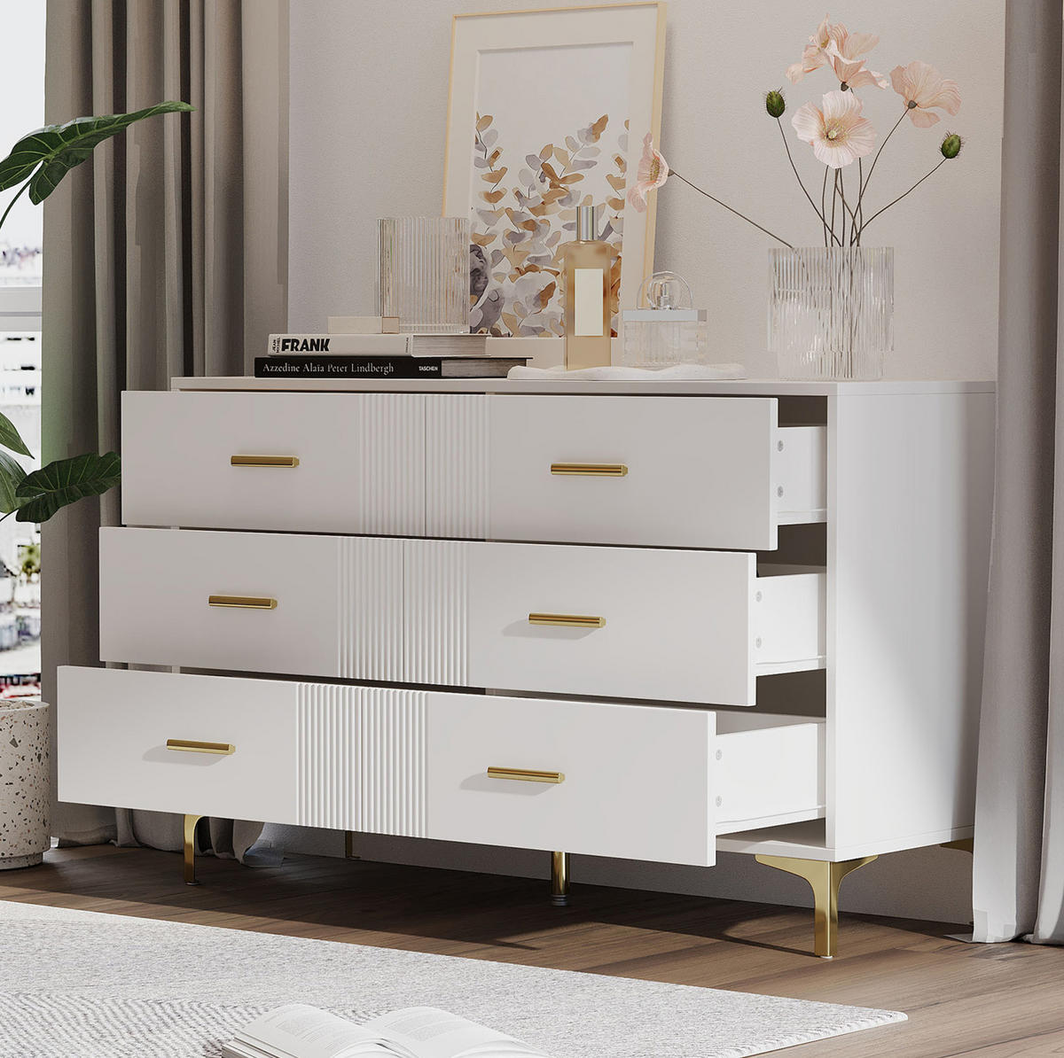 KOMODA s 6 predali, valovit dekor, 120/40/76 cm - bela, leseni material (40/76/120cm) - OKMYHOME