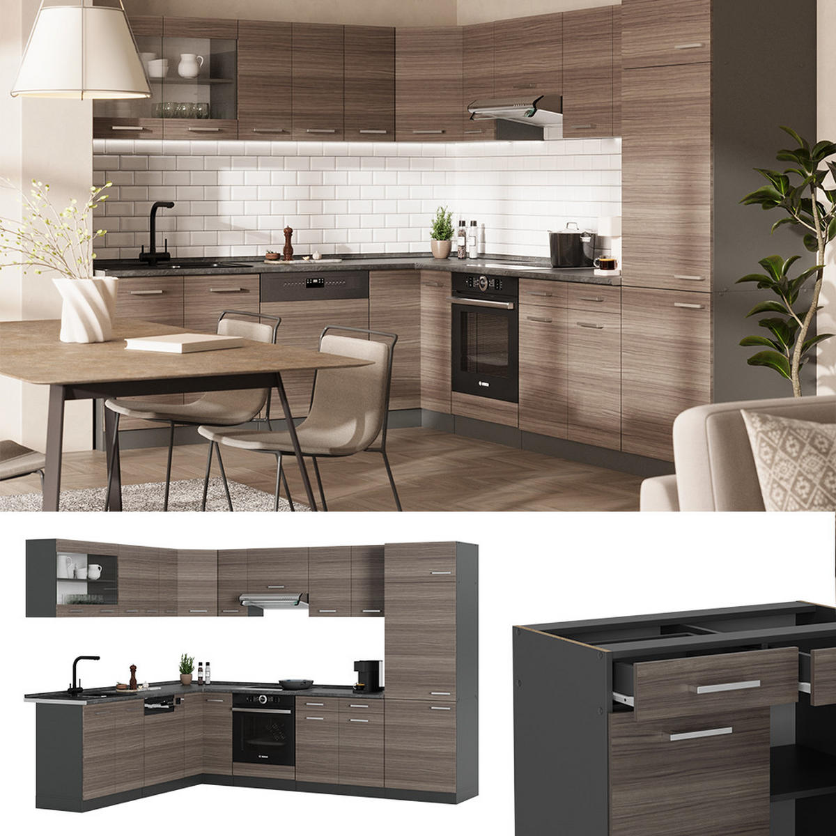 ROHOVÁ KUCHYŇ R-Line Ušlechtilá šedá/antracitová - šedá/antracitová, kompozitní dřevo (287/81.6/60cm) - Vicco