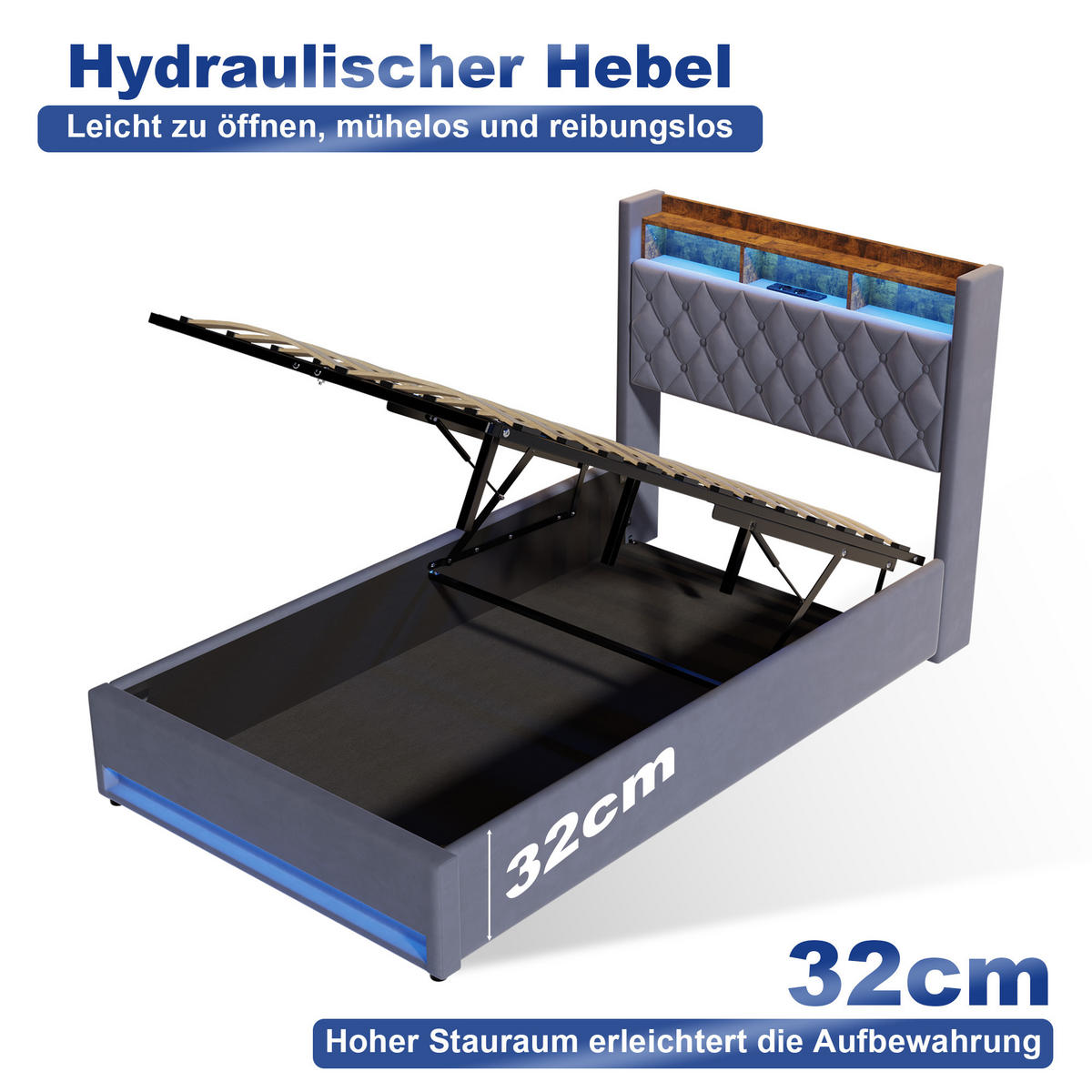 POLSTERBETT 140/200 cm in Grau, Samt, mit Bettkasten, USB, LED, ohne Matratze - Grau, Holzwerkstoff/Textil (140/200cm) - WISHDOR