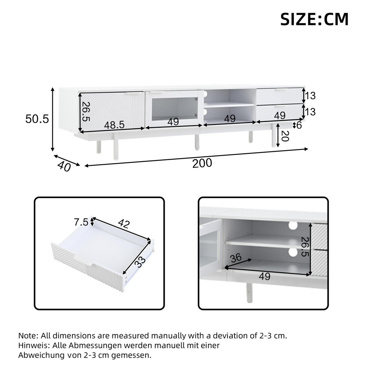 TV-SCHRANK 200/40/50,5 cm weiß Spanplatte mit 2 Türen und 2 Schubladen - Weiß, Holzwerkstoff (200/50.5/40cm) - OKWISH