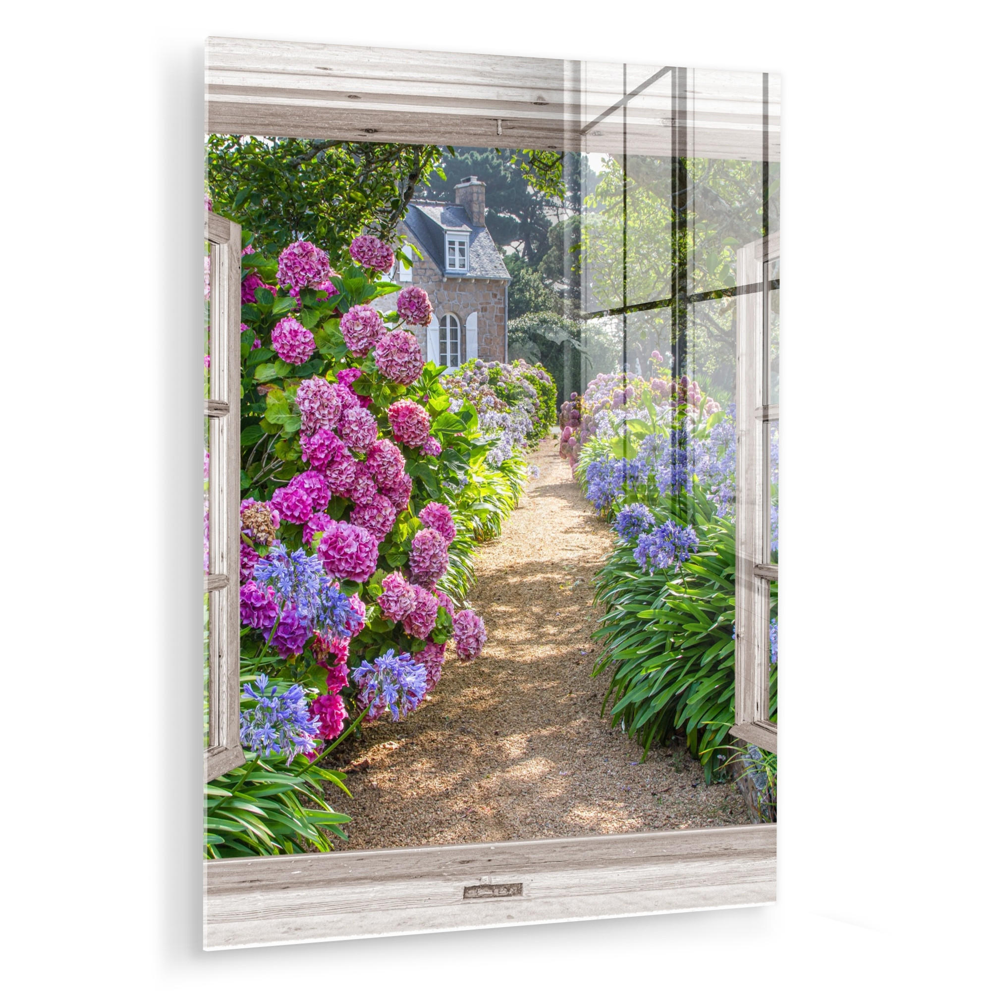 ACRYLGLASBILD Hortensie - Durchsichtig - Blumen - Sommer - Lila - Weg 60x80 cm - Lila, Glas (60/80cm) - MuchoWow