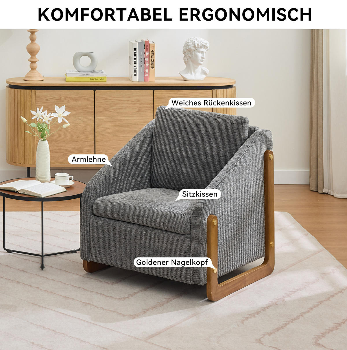 SESSEL mit Chenillebezug und Holzarmlehnen 73.5/73.5/73.5 cm Grau - Grau, Textil (73.5/73.5/73.5cm) - Redom