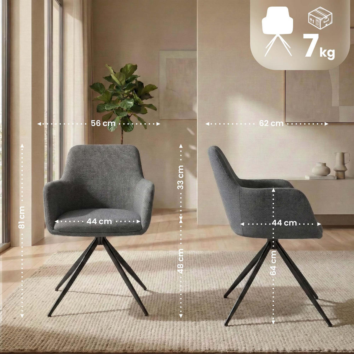 ARMLEHNENSTUHL Stoff Grau - Schwarz/Grau, Textil/Metall (56/81/62cm) - CLP