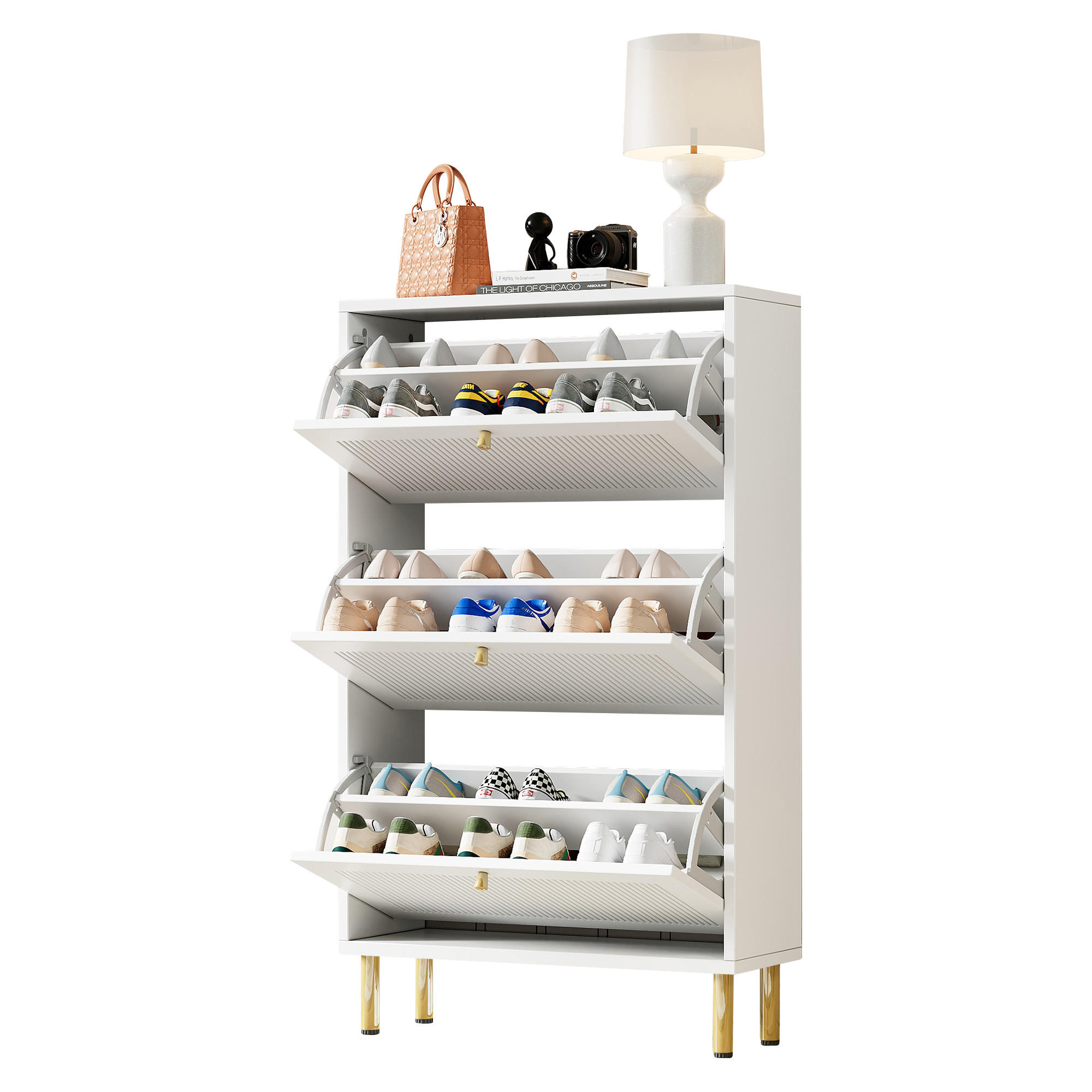 SCHUHSCHRANK Weiß 3 Klappen 6 Fächer schmal 73x23x125cm - Weiß, Holzwerkstoff (25/125/73cm) - FLIEKS