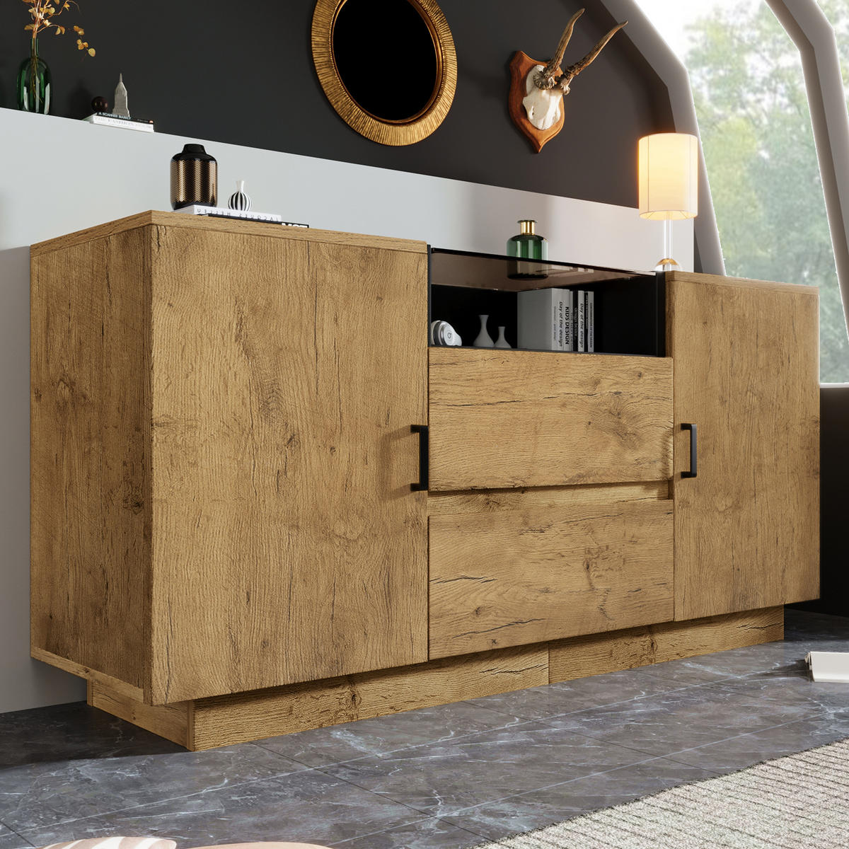 SIDEBOARD 140/40/70 cm Eiche aus Holzwerkstoff mit ESG-Glas und 2 Schubladen - Eichefarben, Glas (140/70/40cm) - OKWISH