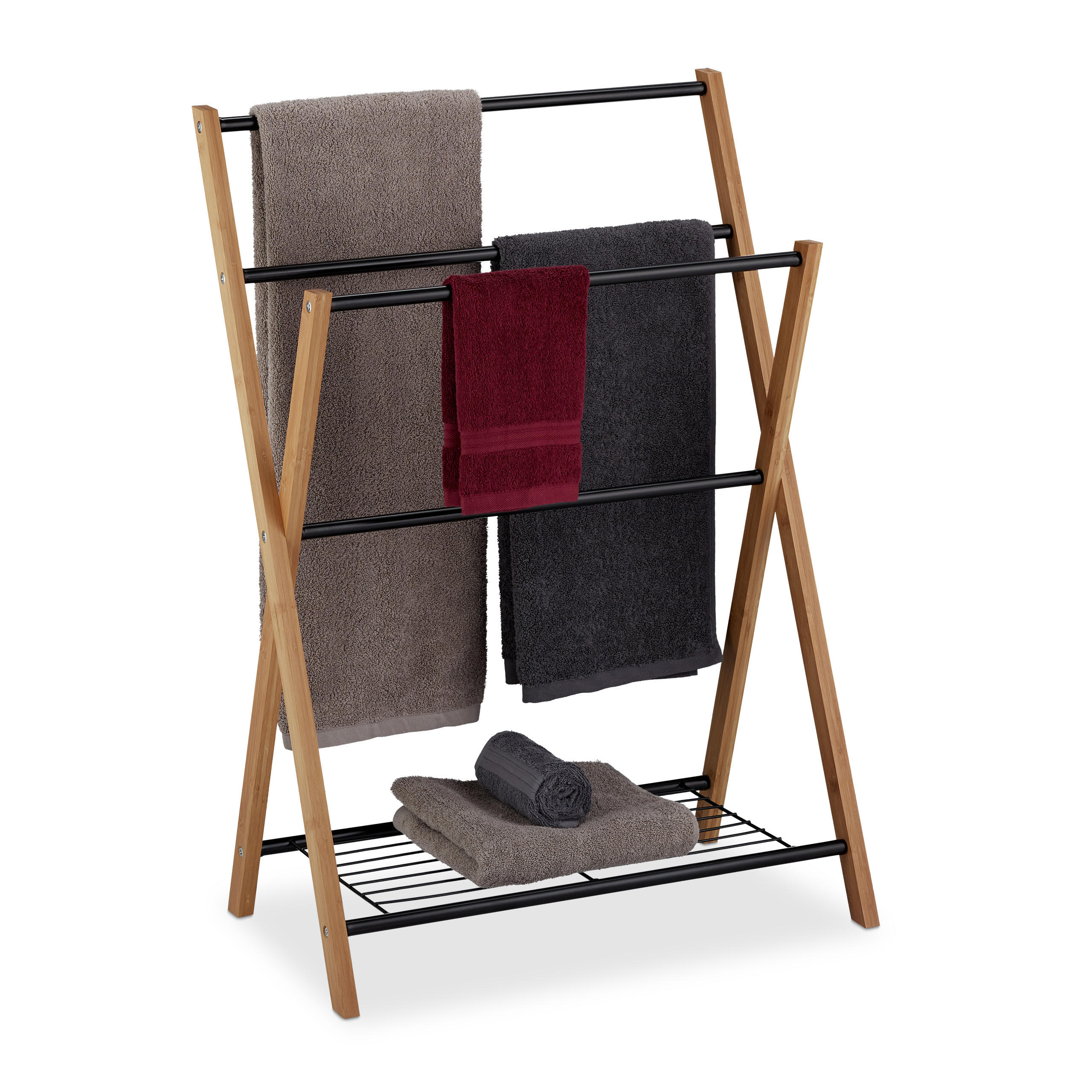 HANDDUKSST&Auml;LL Natur bambu Svart metall med hylla 4 st&auml;nger 87 cm Multicolor 87/60.5/37.5 cm