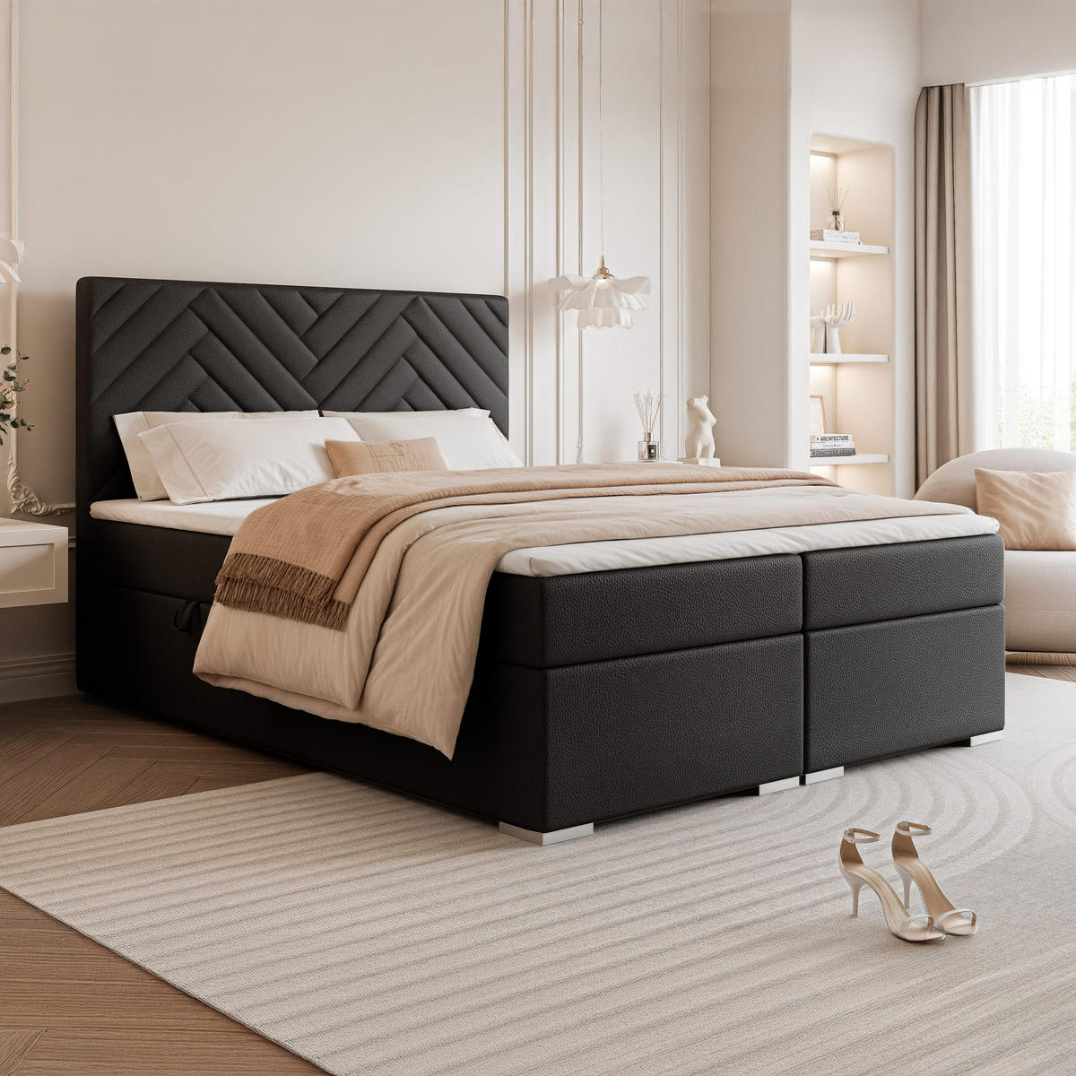 BOXBETT NEREA 180/200 cm mit Matratze und Topper, Schwarz - Schwarz, Textil (180/200cm) - Idohome