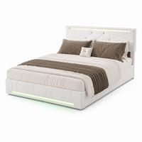 POLSTERBETT 140/200 cm mit großem Stauraum-Bettkasten, LED-Beleuchtung an Kopf- und Fußteil, integrierten USB-Anschlüssen, Leinenoptik-Bezug - Beige, Holz/Metall (140/200cm) - Joyfair