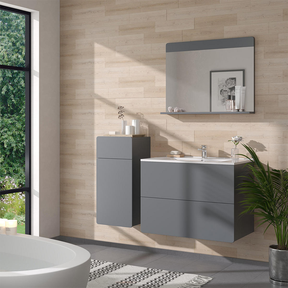 BADMÖBEL-SET Izan Grau 4 Teile mit Midischrank - Grau, Holzwerkstoff (80/59.3/46cm) - Vicco