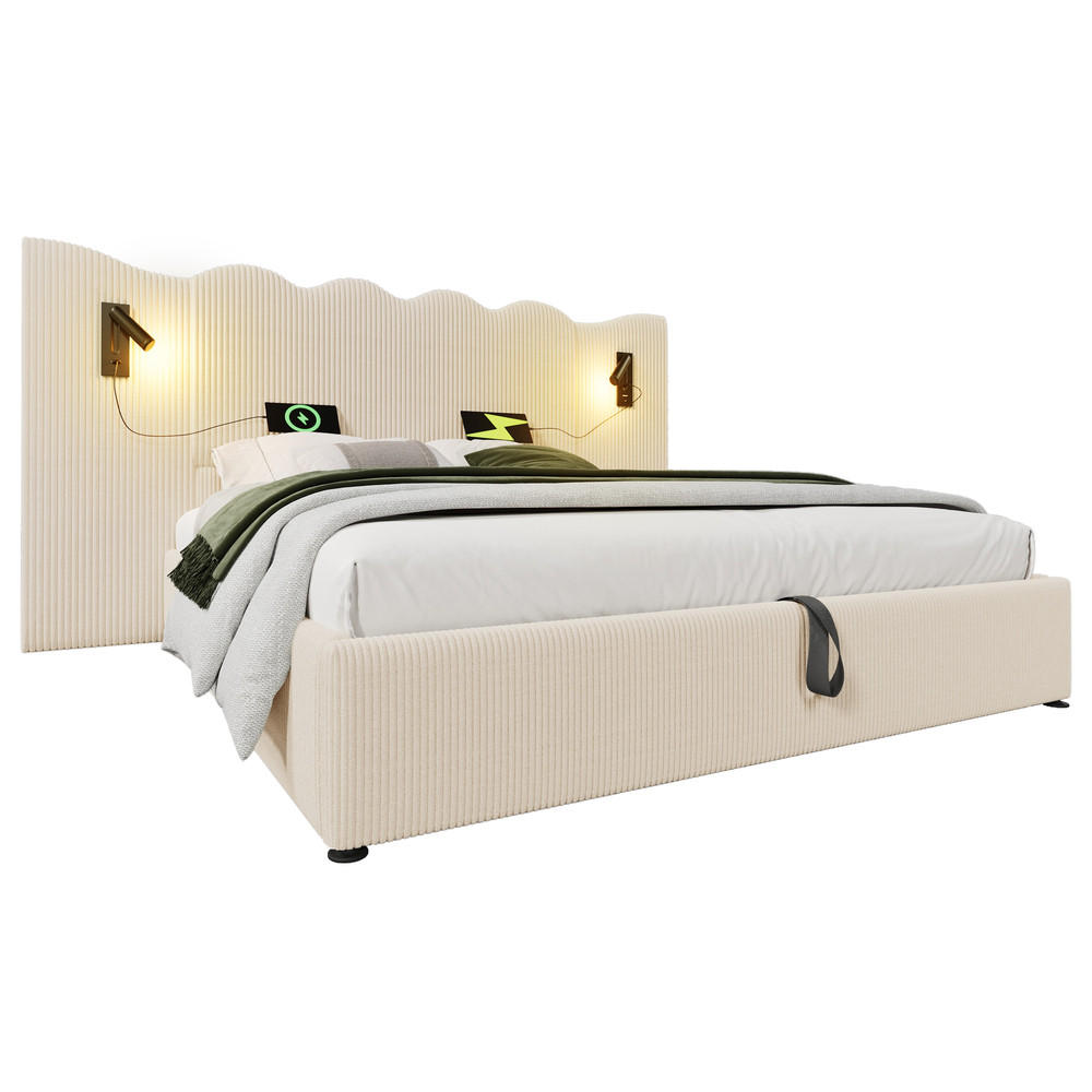 POLSTERBETT 180x200cm Doppelbett Leselampe USB-C Stauraum Beige-Weiß Cord - Beige, Holz - FLIEKS