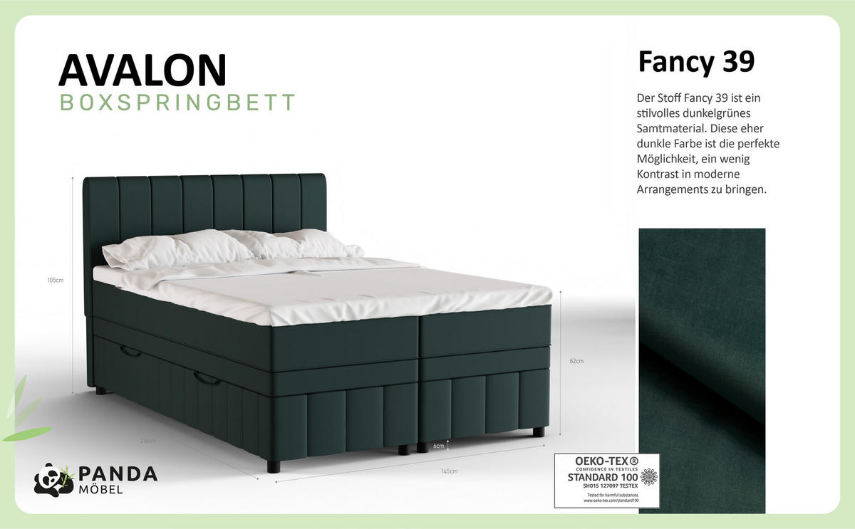BOXBETT AVALON 140 x 200 cm mit Bettkasten und Topper - Dunkelgrün - Dunkelgrün, Holz - Panda Möbel
