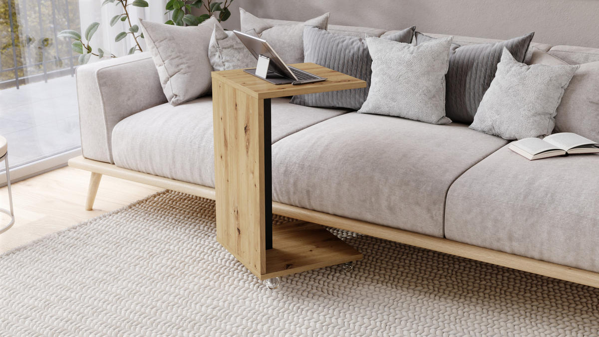 BEISTELLTISCH Rechteckig Eiche Artisan - Schwarz matt mit Ablage und Rollen - Schwarz/Eiche Artisan, Holzwerkstoff (40/40/66cm) - designimpex