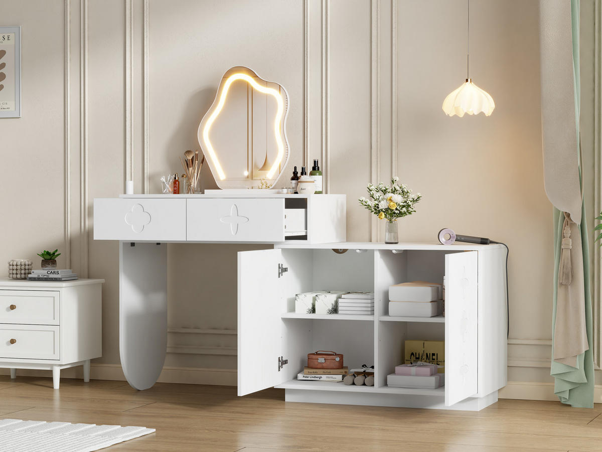 SCHMINKTISCH mit verstellbarem LED-Spiegel / 2 Schubladen / verstellbarem Seitenschrank 160×40×132 cm - Weiß, Glas (40/132/160cm) - Vallsero