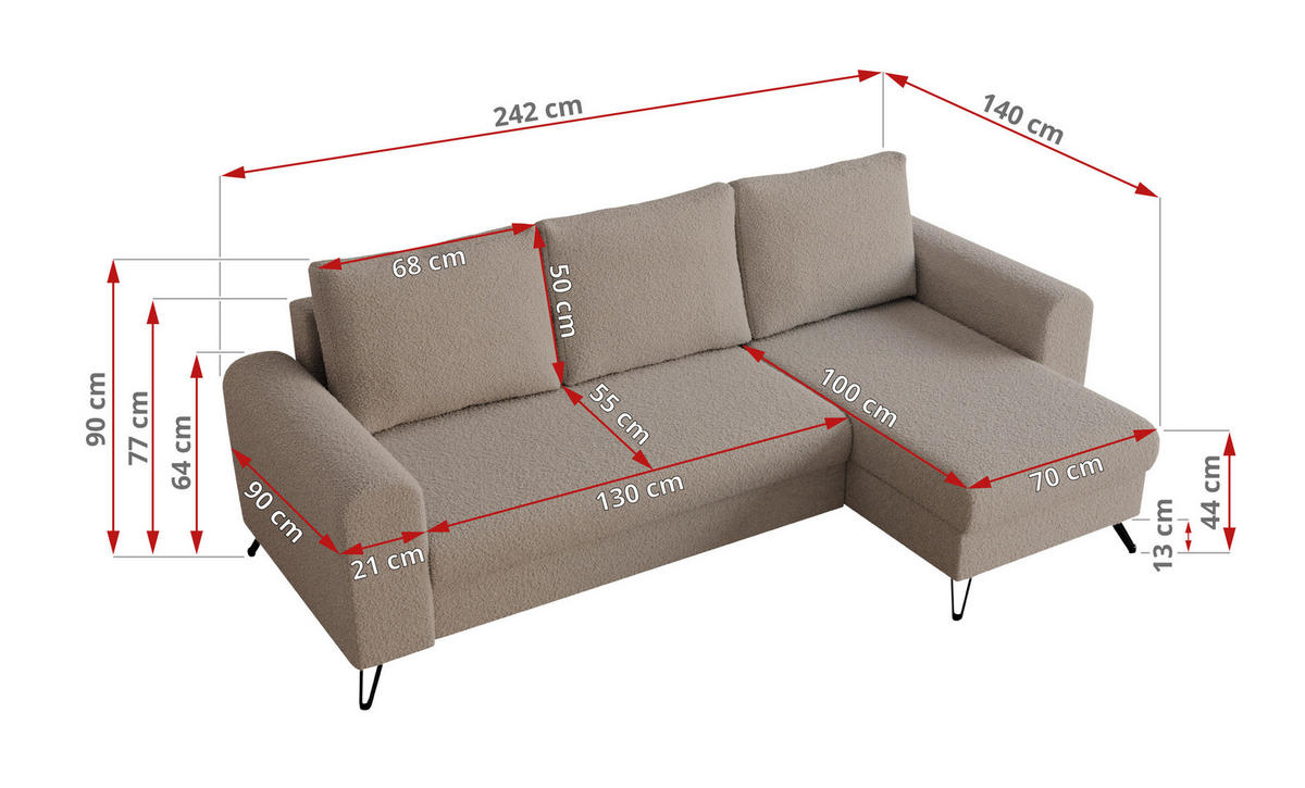ECKSOFA Hugo Boucle Hellbraun - Hellbraun/Schwarz, Textil/Metall (242/140cm) - MKS