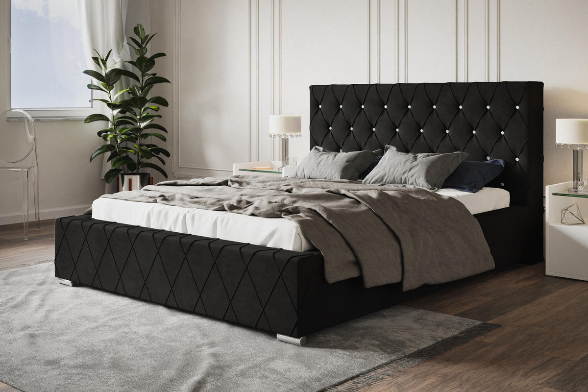 POLSTERBETT Berlin, 160x200 cm, mit Bettkasten und Lattenrost aus Holz, Velourstoff, Farbe: Schwarz - Schwarz, Holz/Kunststoff (160/200cm) - Alpi-Möbel