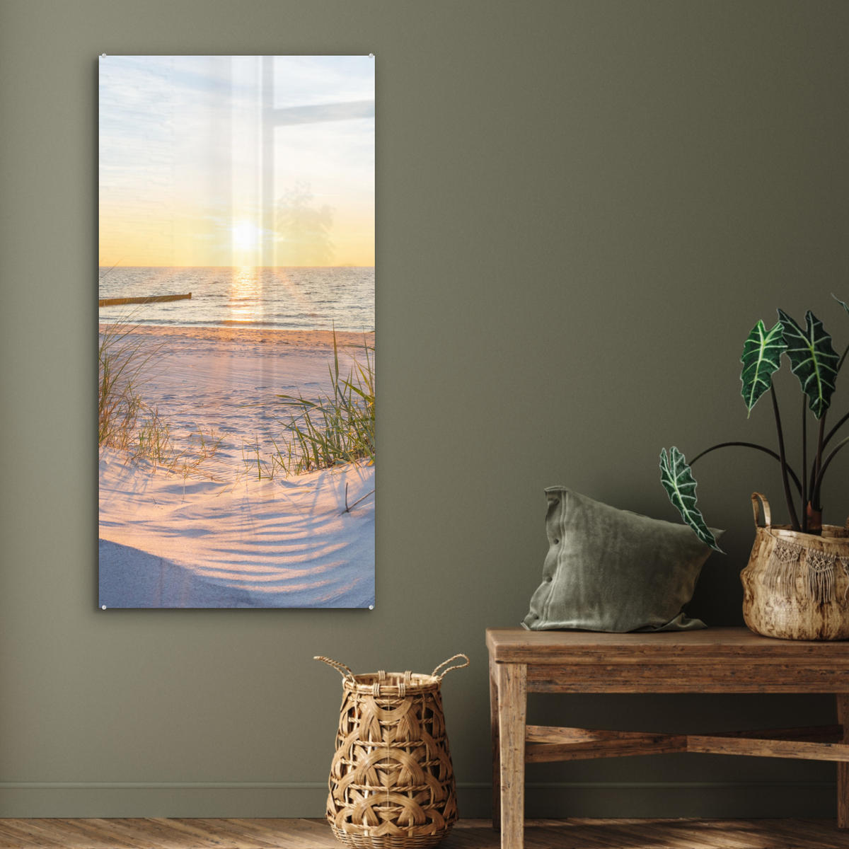 OBRAZ NA AKRYLOVOM SKLE Pláž - Slnko - Duny - Tráva - Piesok - Horizont 60x120 cm - svetlomodrá, sklo (60/120cm) - MuchoWow
