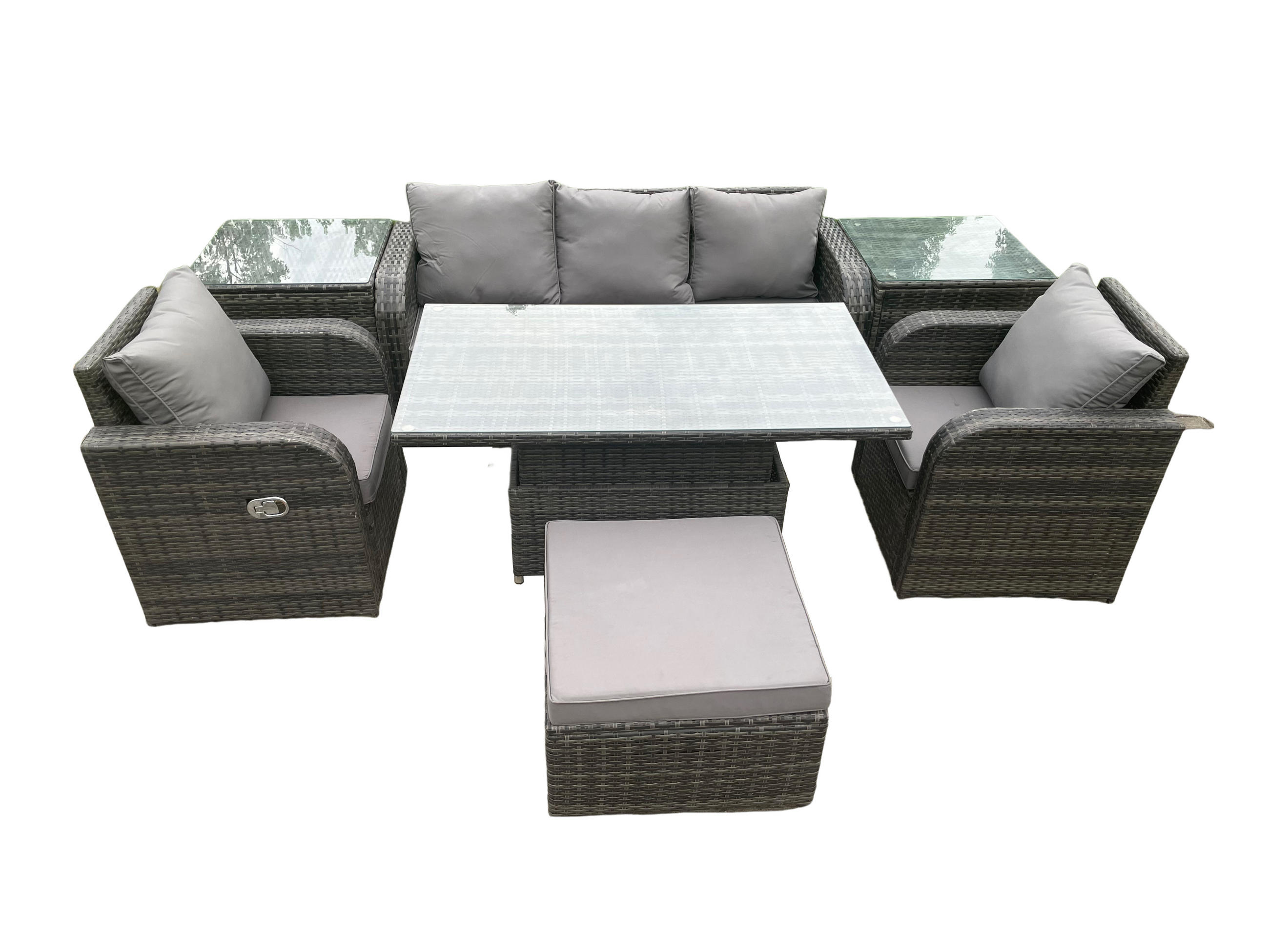 SITZGRUPPE GARTENSET Polyrattan Outdoor 6-Sitzer - Dunkelgrau/Grau, Glas/Kunststoff - Fimous