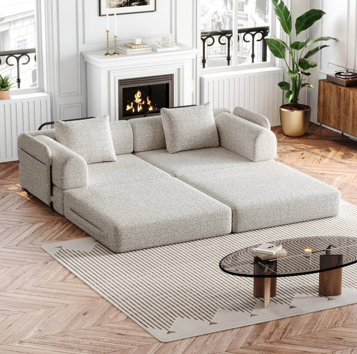 ROZKLADACIA pohovka zo ženilky khaki, rozkladací modul 2v1 s úložným priestorom v podrúčke - prírodná farba, textil (181.6/49.5/94cm) - BEAOK