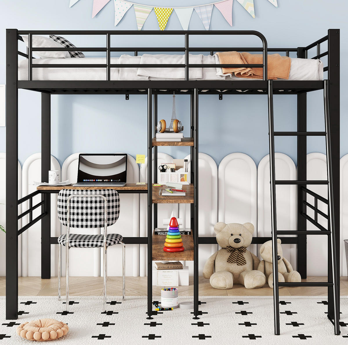 HOCHBETT 90/200 cm Schwarz aus Metall mit Schreibtisch - Schwarz, Metall (90/200cm) - OKMYHOME