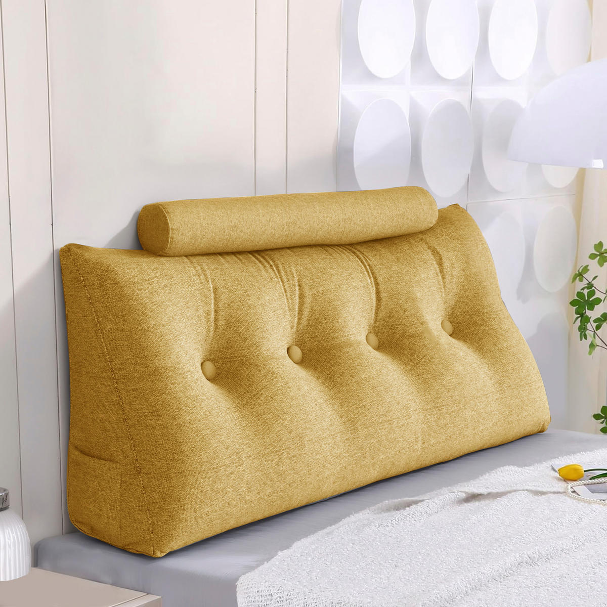 KEILKISSEN mit einem runden Kissen 2er-Set Leinen gelb 140cm - Gelb, Textil (20/140cm) - Vercart