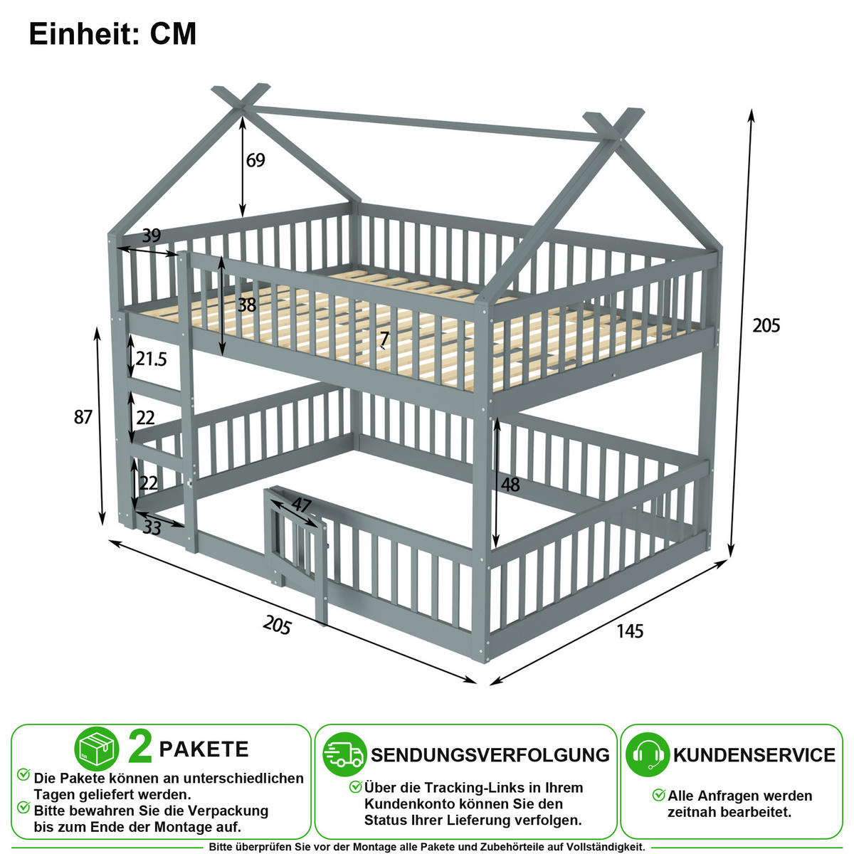 ETAGENBETT 140/200 cm in Grau mit Treppe und Zaun Massivholz - Grau, Holzwerkstoff/Metall (140/200cm) - CHICFURN