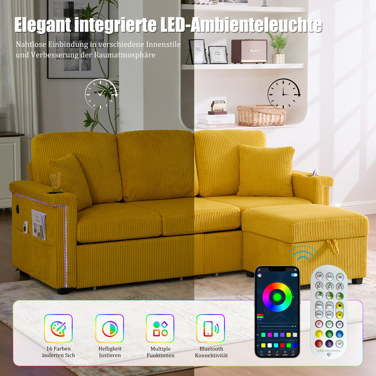 SOFA Corduroy mit LED und USB-Anschluss Stauraum-Schubladen 194/73/81 cm Gelb - Gelb, Textil (73/194cm) - Redom