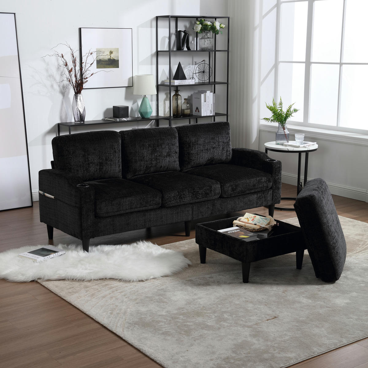 ECKSOFA 163/121/66 cm Schwarz mit 1 Aufbewahrungshocker, Aufbewahrungstasche und Getränkehalter - Schwarz, Textil (196.5/75cm) - Oxeza