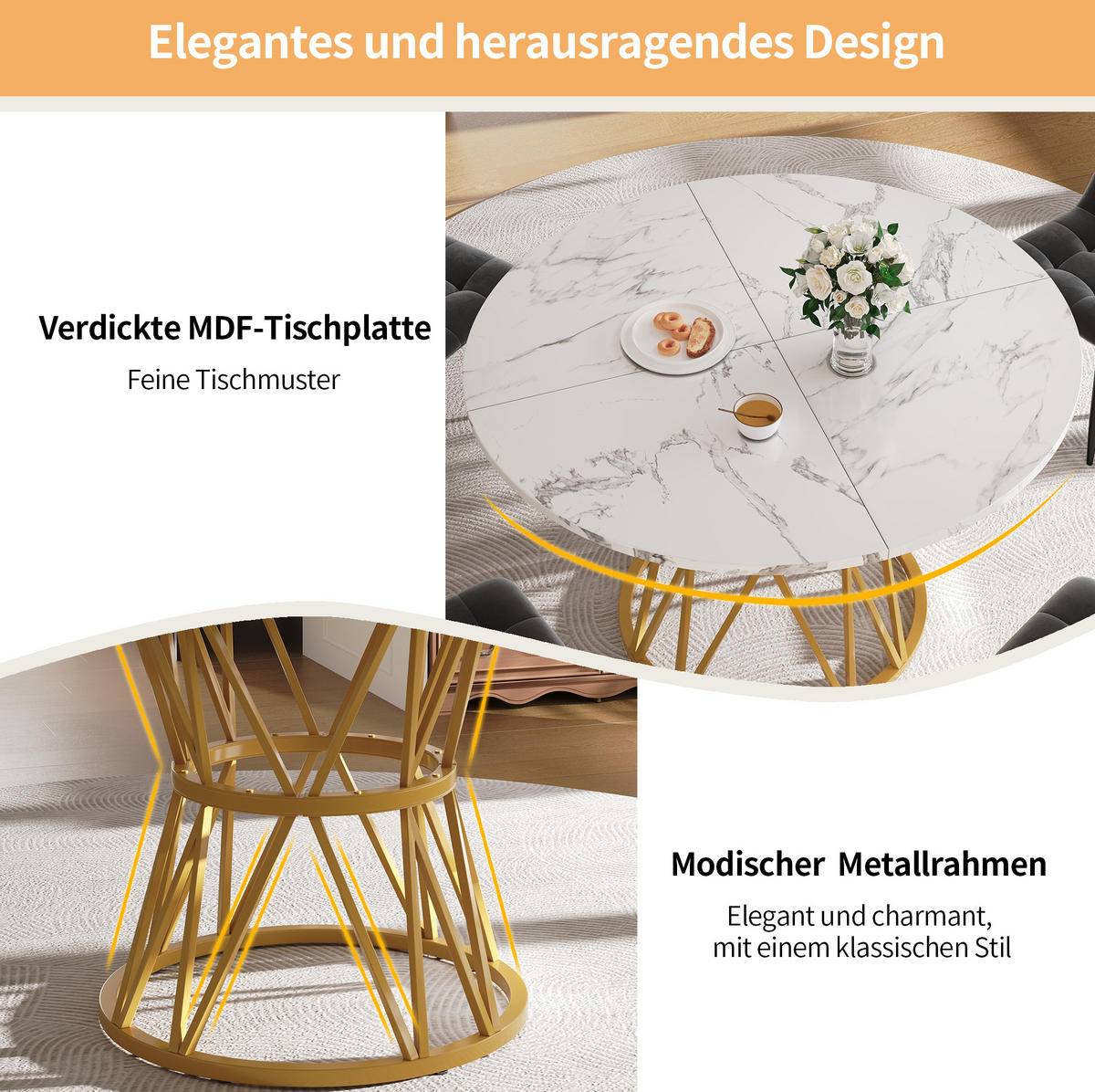 ESSTISCH 100/100/76 cm gold mit höhenverstellbaren Füßen aus MDF und Metall - Goldfarben, Holzwerkstoff (100/100/76cm) - OKWISH