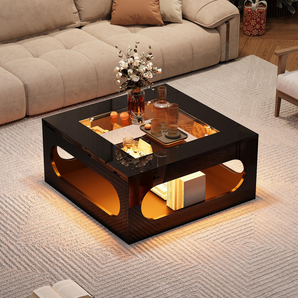 COUCHTISCH 70/70/35 cm mit LED-Beleuchtung, Glasplatte und Stauraum, MDF, Schwarz - Schwarz, Holzwerkstoff (70/70/35cm) - Redom