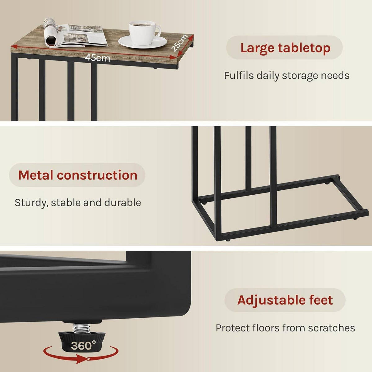 BEISTELLTISCH, Couchtisch C Form, 45 x 63,5 x 25 cm - Hellbraun/Schwarz, Holzwerkstoff/Metall (25/45/63.5cm) - Woltu