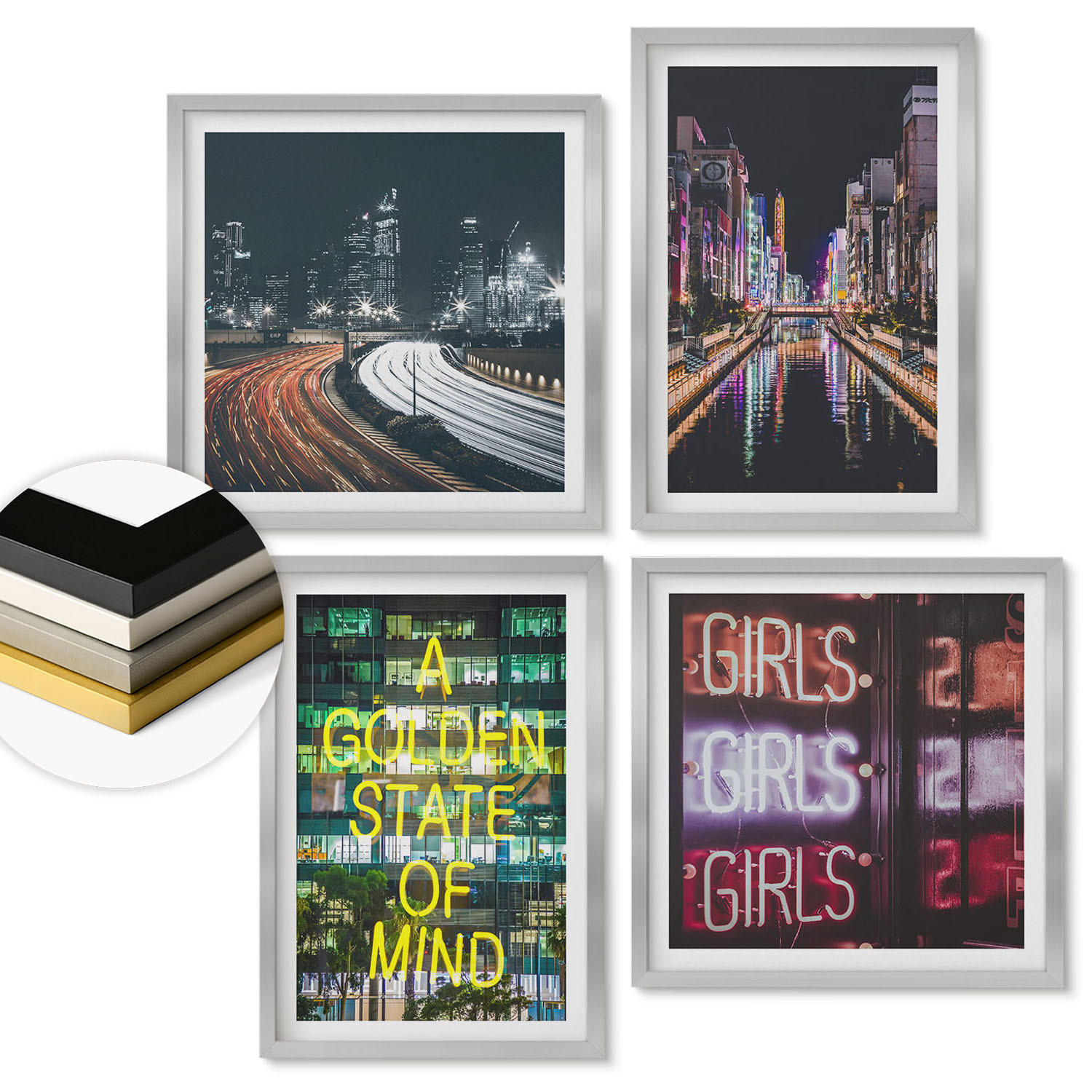 WANDBILDER 4er Set - 50x50 cm & 40x60 cm Silberner Rahmen - Neonreklamen in der Stadt bei Nacht - Silberfarben, Kunststoff (50/50cm) - ArtPrintCave