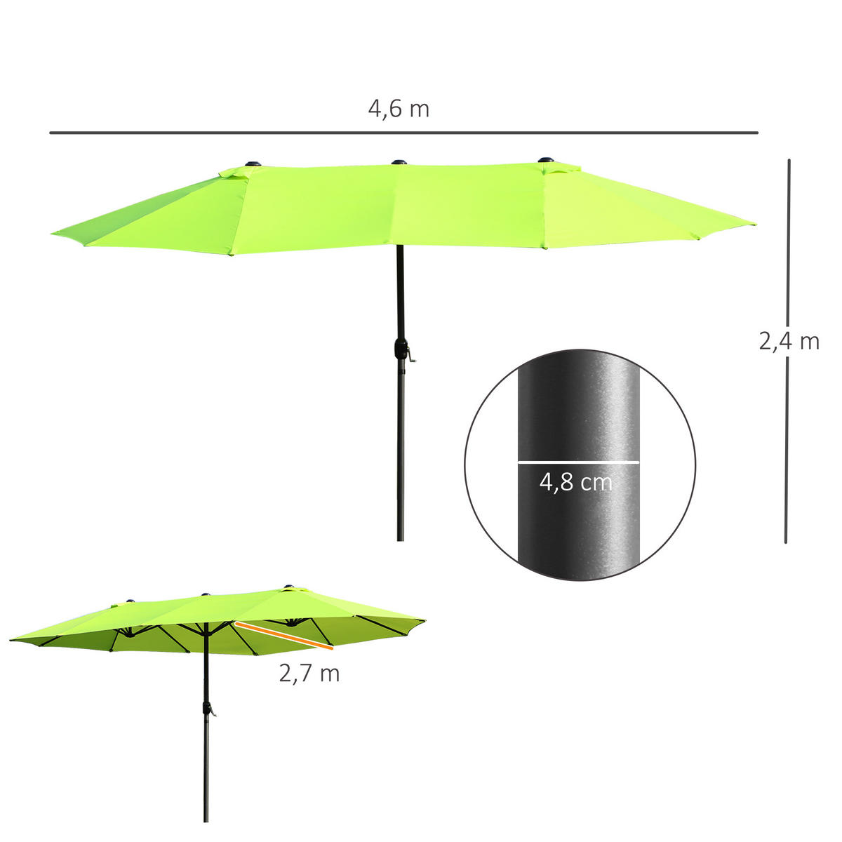 SONNENSCHIRM, Gartenschirm, Marktschirm, Doppelsonnenschirm, Terrassenschirm, Grün, Oval - Grün, Metall (270/460cm) - Outsunny
