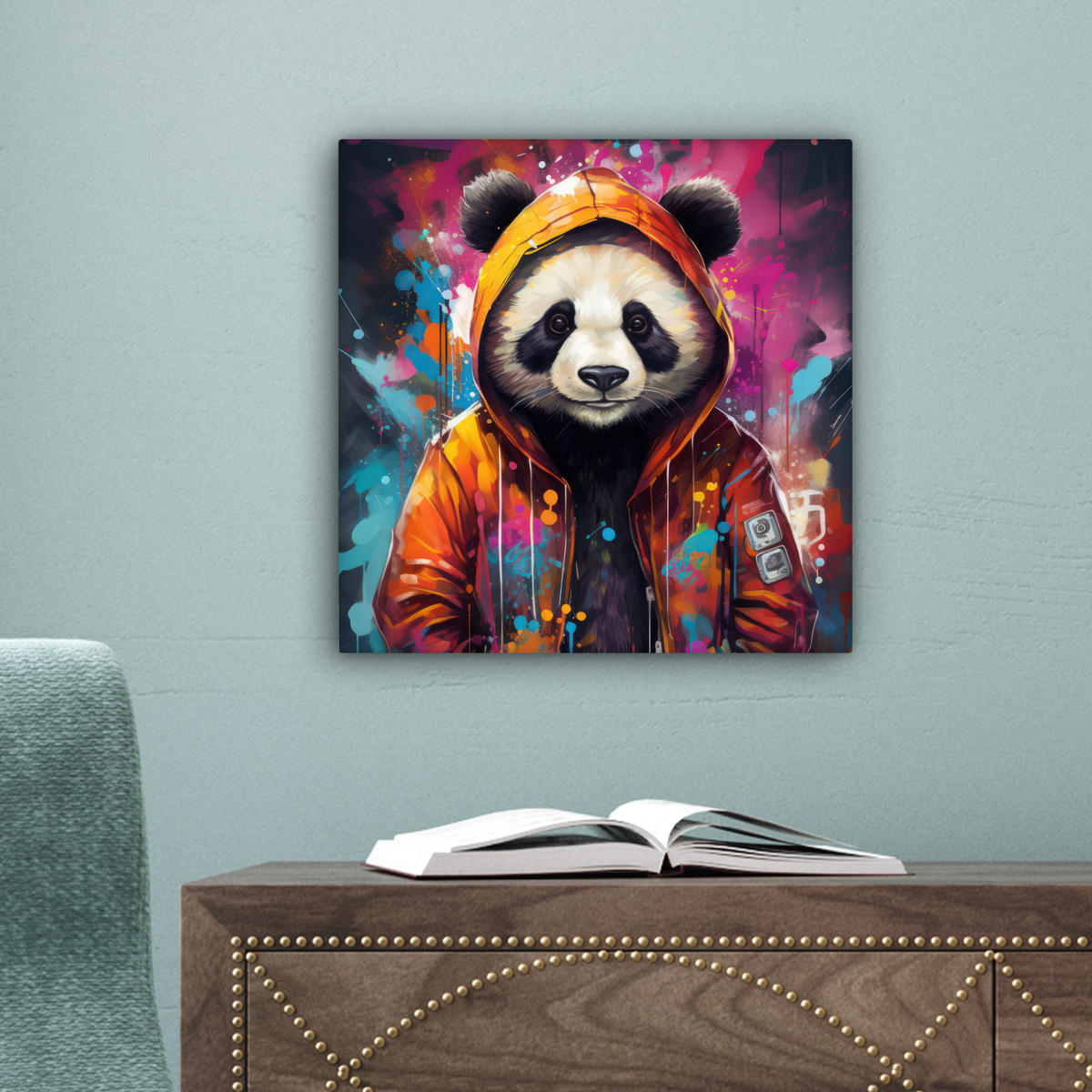 LEINWANDBILD Panda - Jacke - Graffiti - Orange Deko Wohnzimmer 20x20 cm - Orange, Textil (20/20cm) - MuchoWow