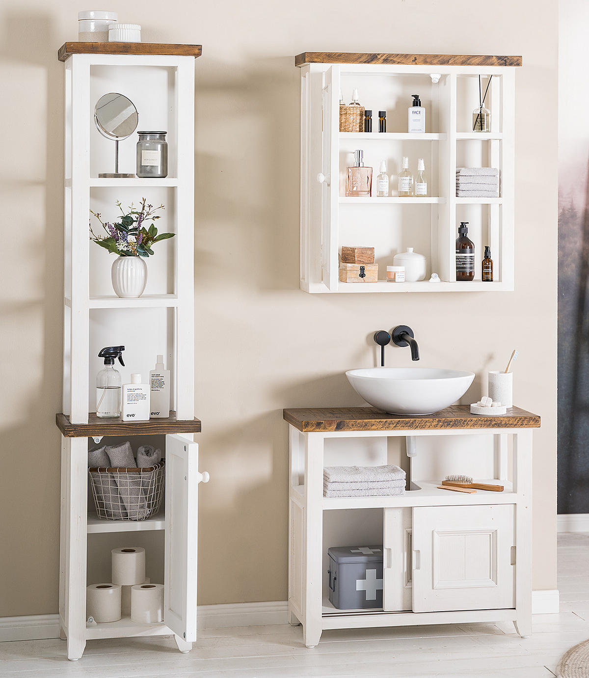 SPIEGELSCHRANK - Kiefer massiv - Weiß, Holz (70/75/20cm) - home24