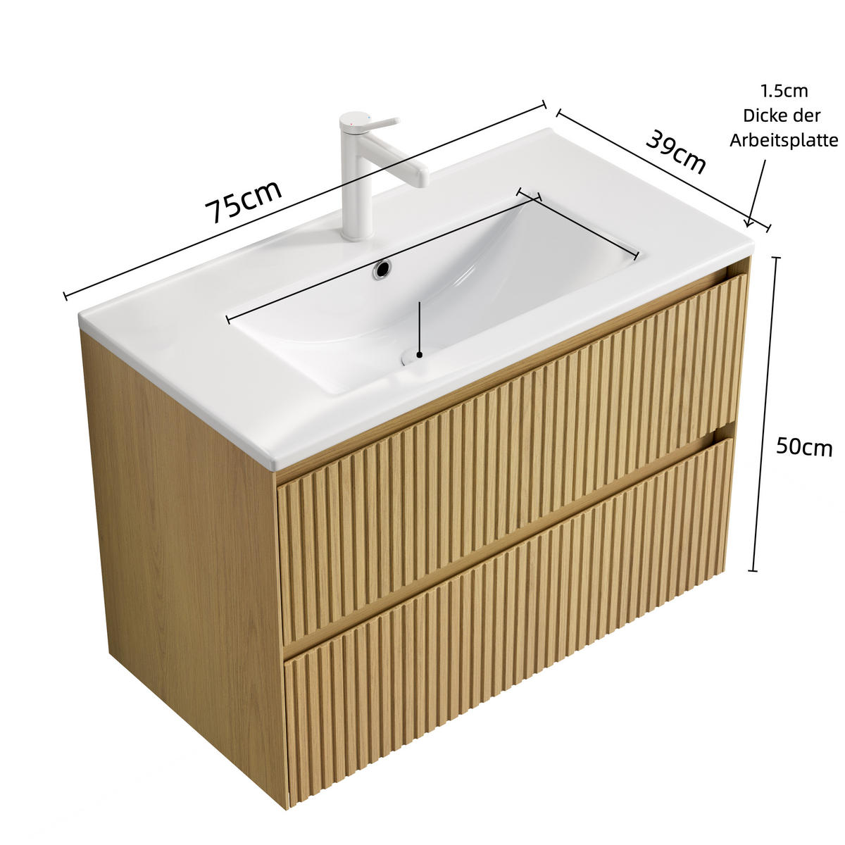BADEZIMMERSCHRANK 75x39x51.5 cm Goldene Eiche & Weiß aus Keramik mit 2 Schubladen - Eichefarben, Keramik (75/51.5/39cm) - Modfu