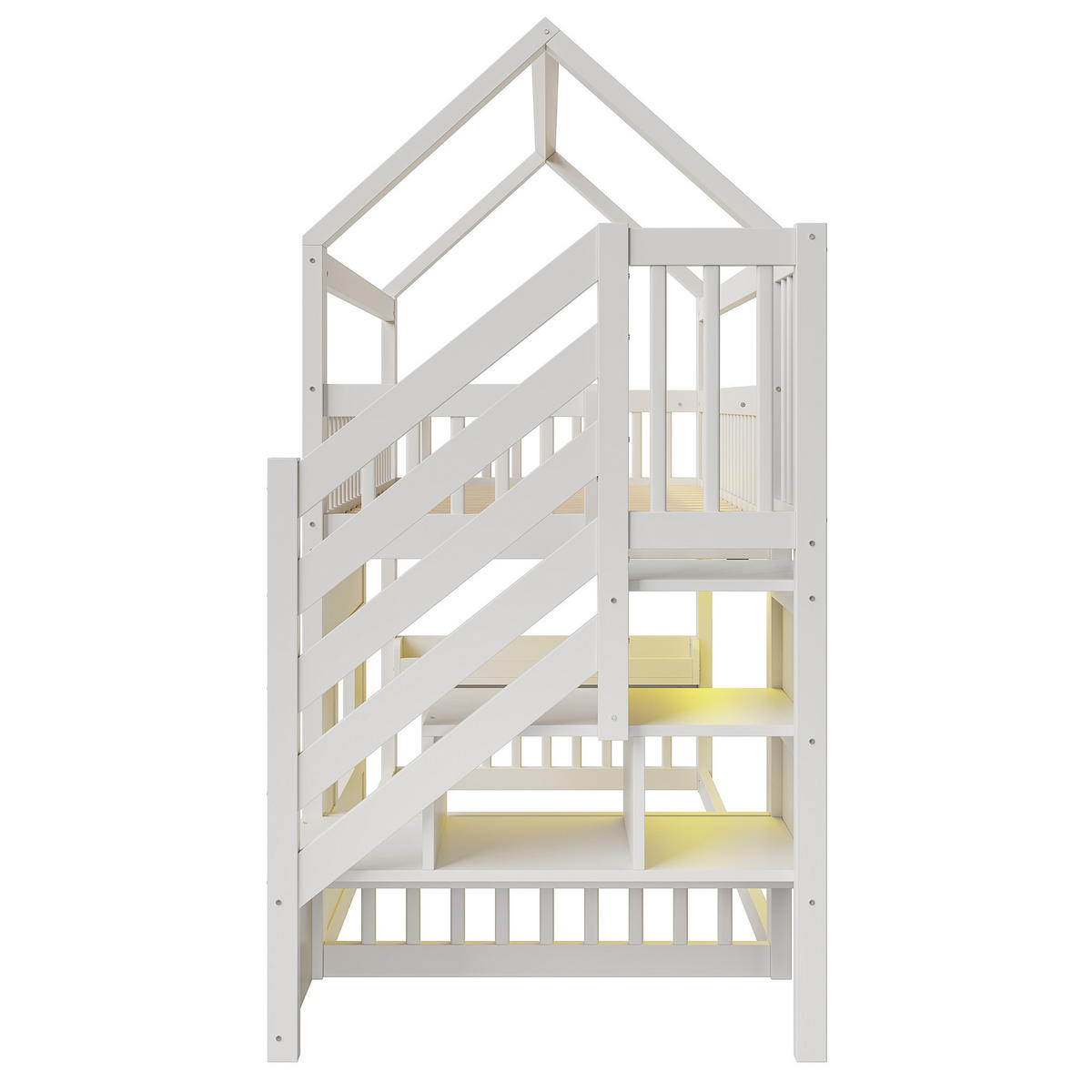 HAUSBETT 90/200 cm in Weiß mit Treppe, Ablage und LED aus Kiefernholz - Weiß, Holzwerkstoff - STILVORA