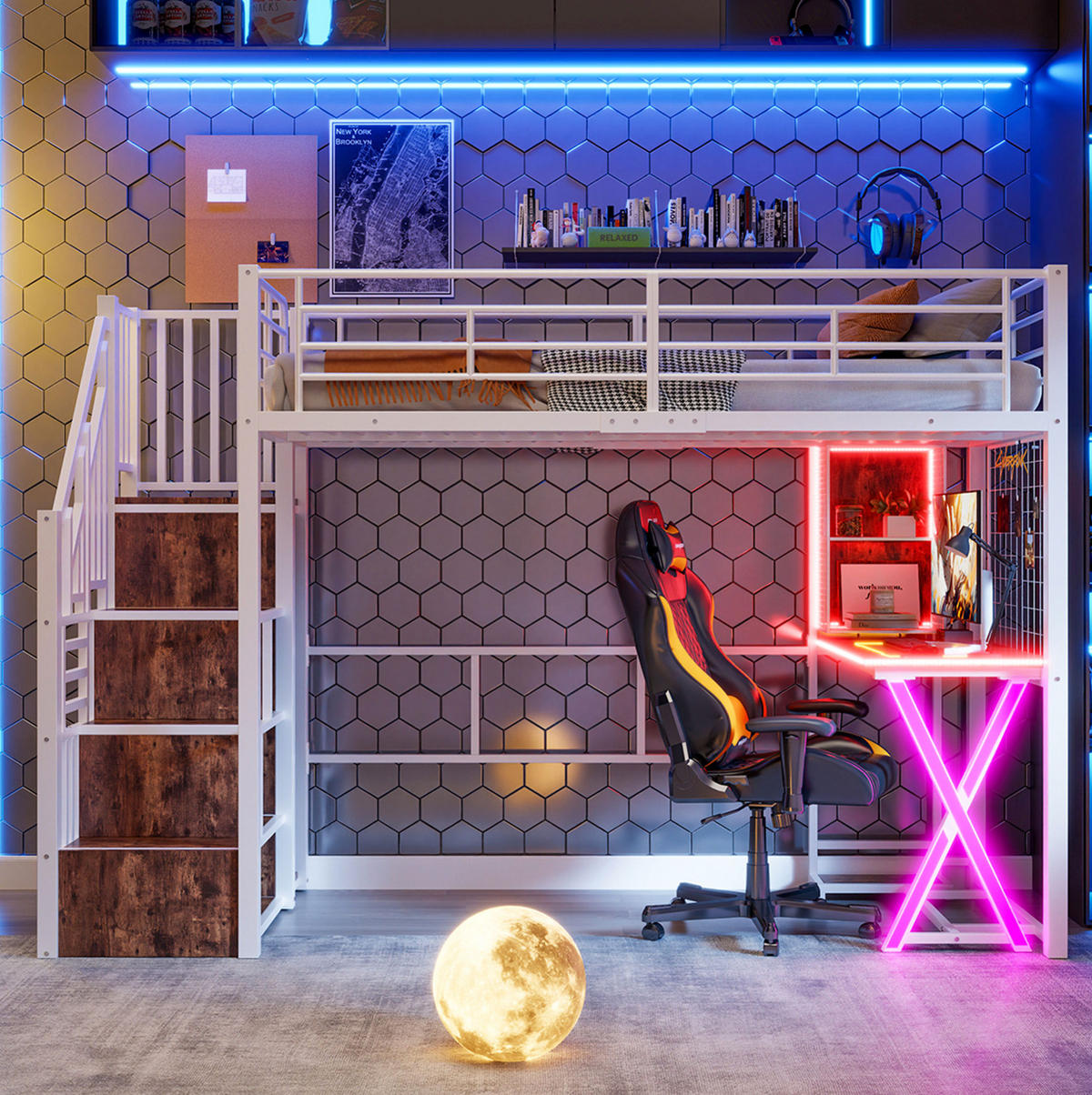HOCHBETT 90/200 cm aus Metall und MDF mit Schreibtisch, Kleiderschrank und LED-Beleuchtung Weiß - Weiß, Metall (90/200cm) - Modenvie