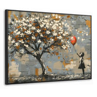 LEINWAND Bilder mit Rahmen - Baum - Graffiti - Banksy-Stil - Ballon-Mädchen - 100x70 - Blaugrau, Textil (100/70cm) - MuchoWow