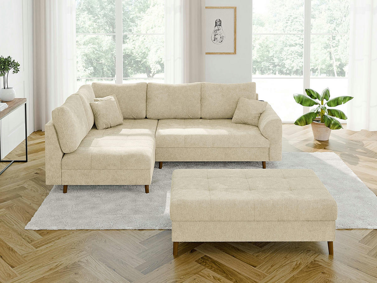 ECKSOFA inkl. Hocker Sigurd Beige Chenille - Ottomane Links - Beige/Braun, Holz/Textil (231/161cm) - S-Style Möbel
