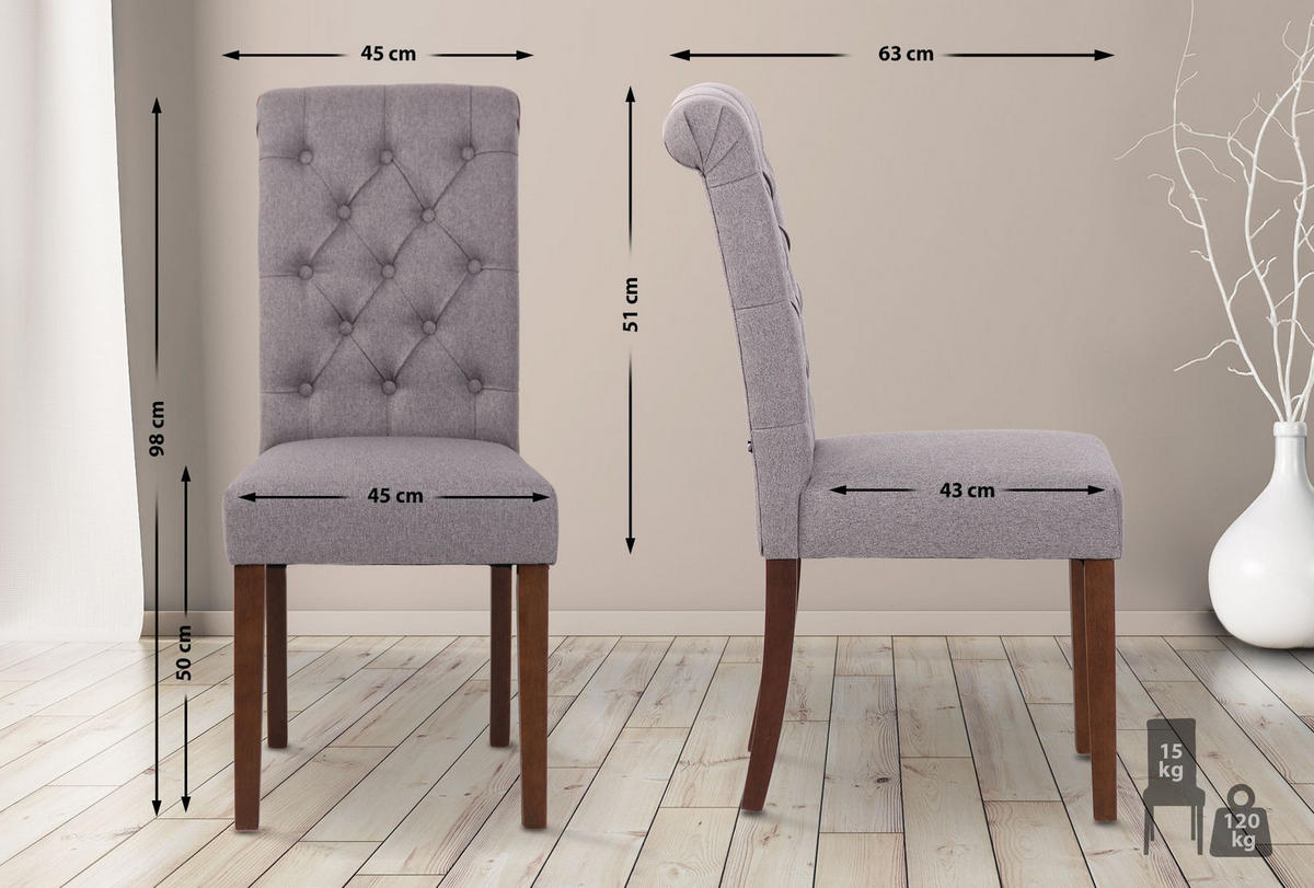 STUHL Stoff grau - Walnussfarben/Grau, Holz/Textil (45/98/63cm) - CLP