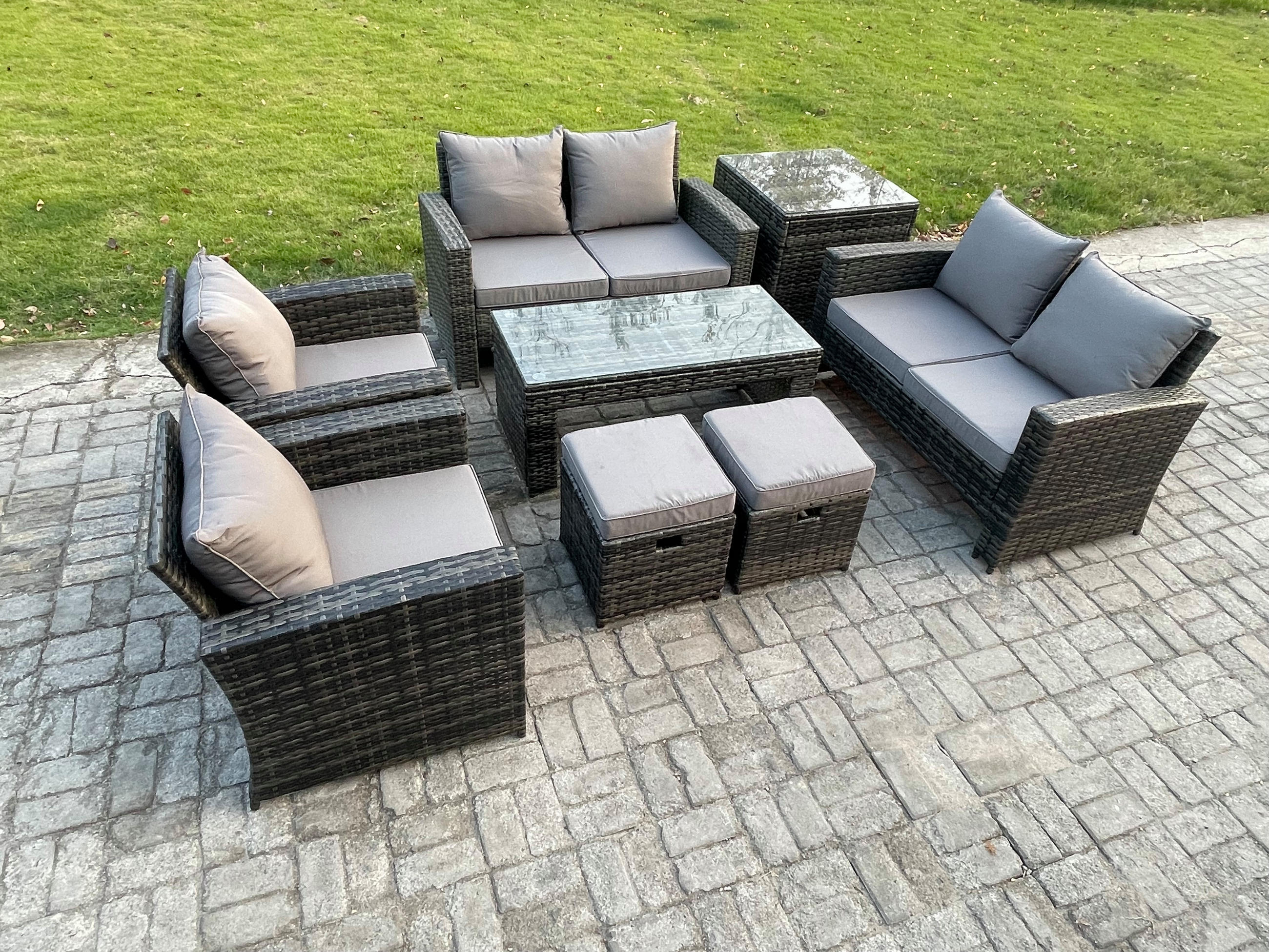 GARTENMÖBEL Set Polyrattan Dunkelgrau 8-Sitzer - Dunkelgrau, Metall - Fimous