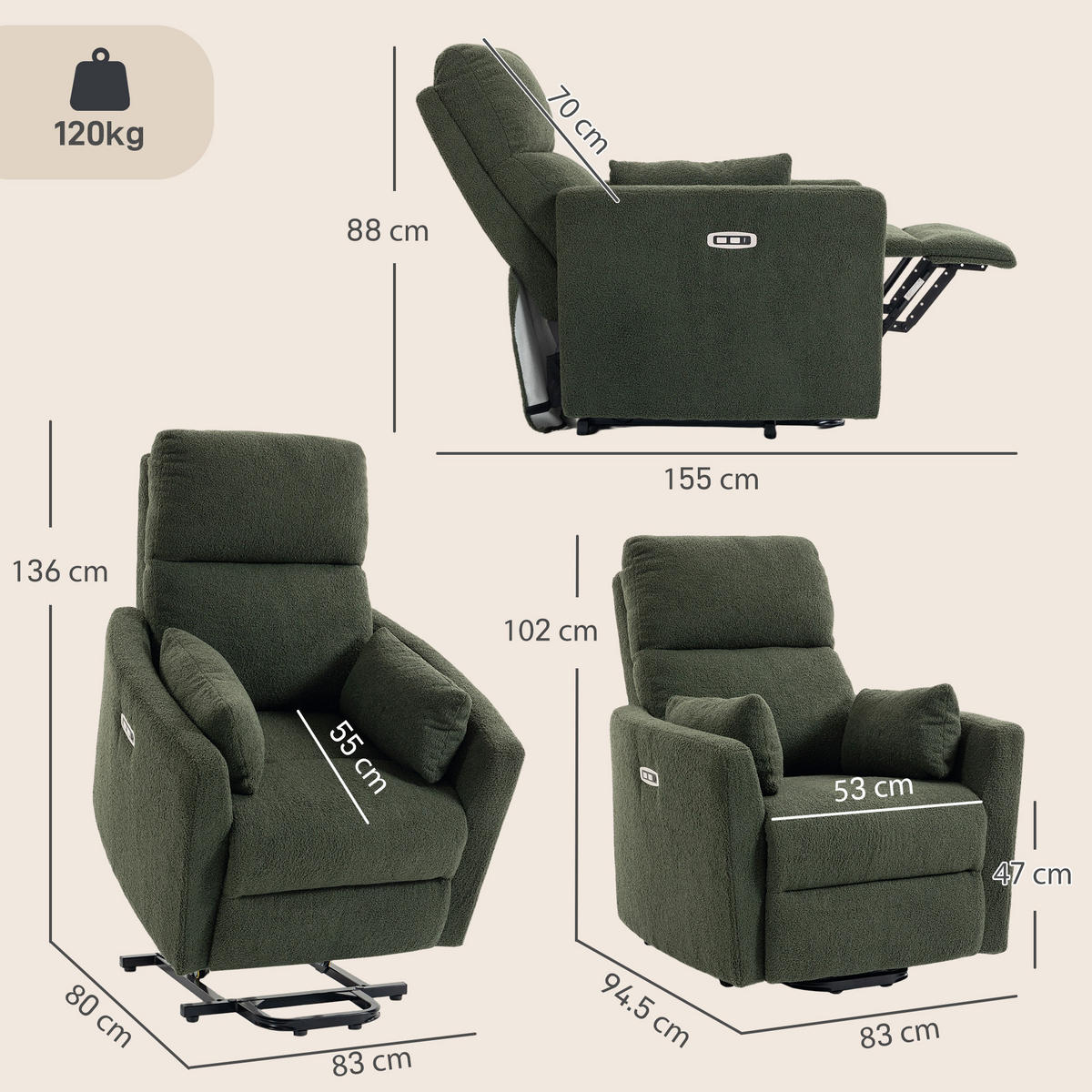 RELAXSESSEL Polyester Schaumstoff Dunkelgrün - Dunkelgrün/Schwarz, Textil/Metall (83/102/94.5cm) - HOMCOM