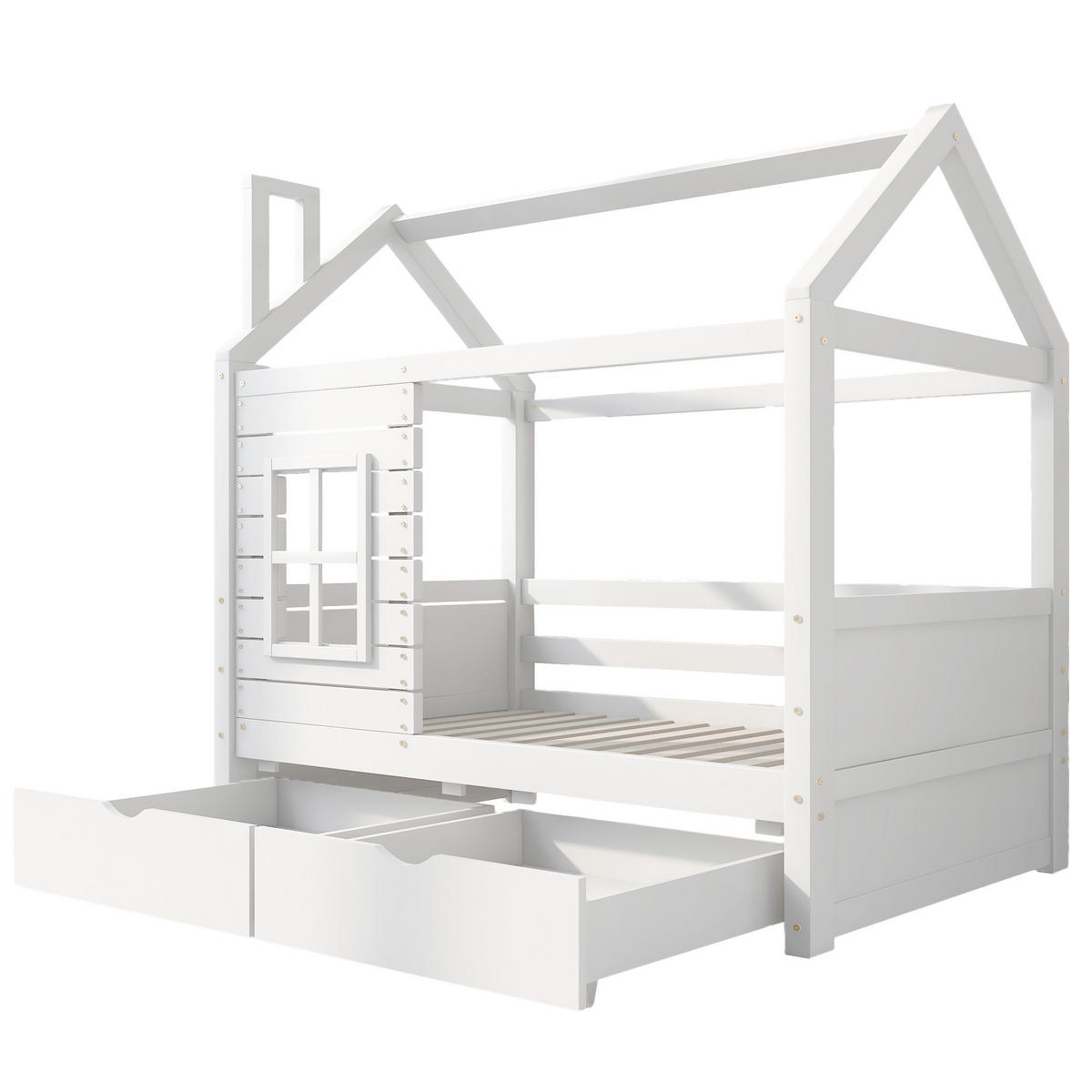 HAUSBETT 80x160cm Weiß Mit Rausfallschutz Fenster & Lattenrost - Weiß, Holzwerkstoff (80/160cm) - FLIEKS