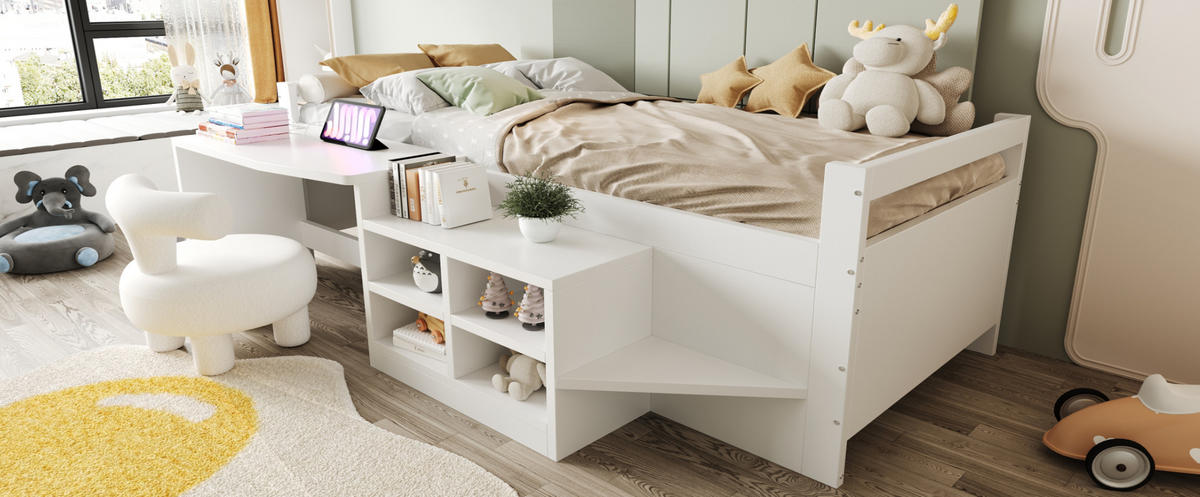 BETT 90/200 cm Weiß aus Kiefernholz und Holzwerkstoff mit Schreibtisch und Stauraum - Weiß, Holz (90/200cm) - OKMYHOME