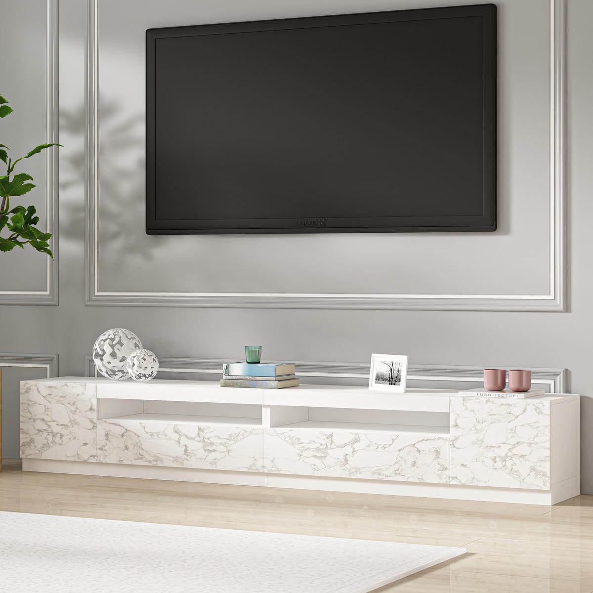 TV-LOWBOARD Weiß mit LED Beleuchtung Marmor Optik 9079 - Weiß, Holzwerkstoff (240/40/37cm) - moebel17