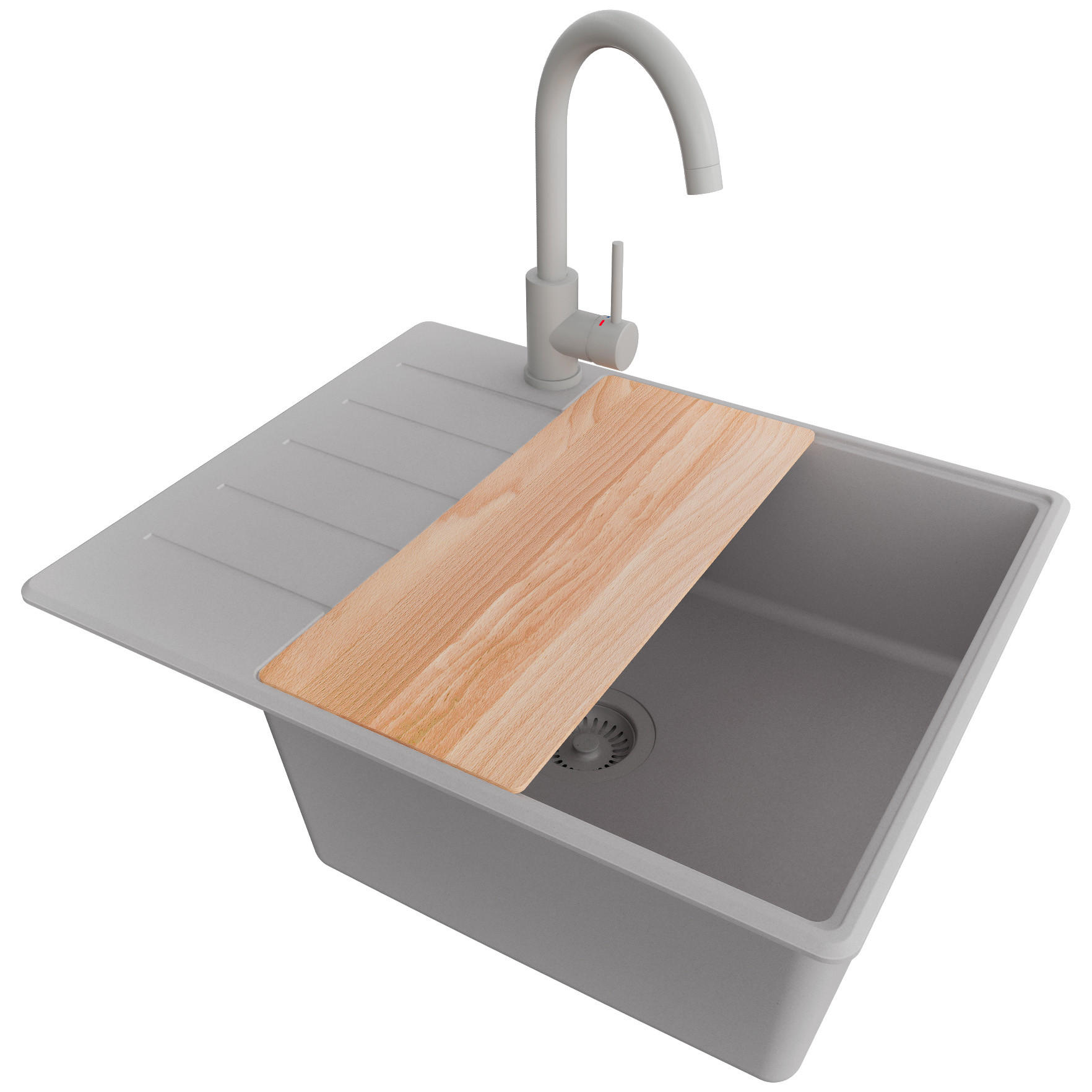 GRANITSPÜLE Kopenhagen, 2-er set Grau 62/50 cm 1 Becken + Küchenarmatur 32/20 cm + Ablauf-Set + Schneidebrett ab 50er Unterschrank - Beige/Grau, Kunststoff (62/20/50cm) - Primagran