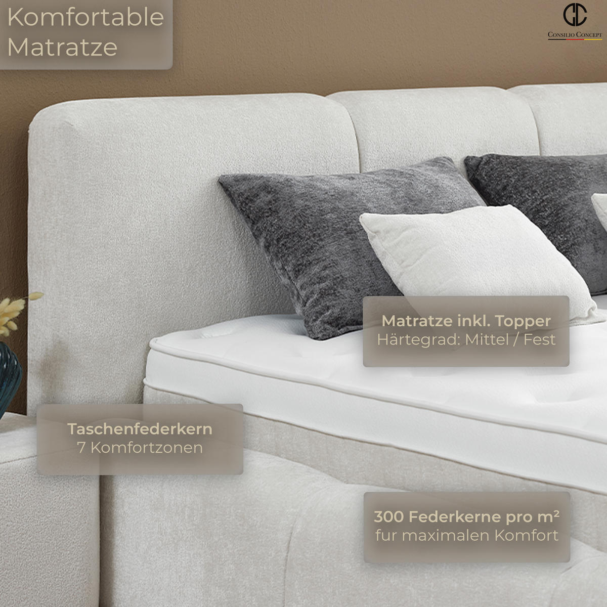 BOXSPRINGBETT MIT BETTKASTEN ELSA 180/200 cm, Ivory, Bettkasten, Matratze, Topper integriert, H3 mittel - Creme/Schwarz, Holz/Kunststoff (180/200cm) - Consilio Concept